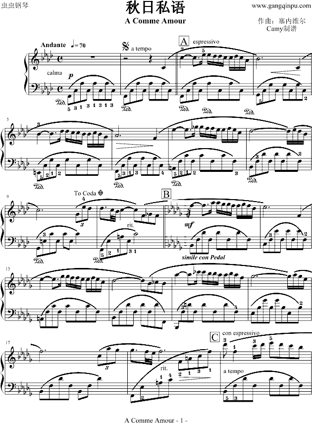 秋日私语-带指法-钢琴谱(钢琴曲)-塞内维尔1