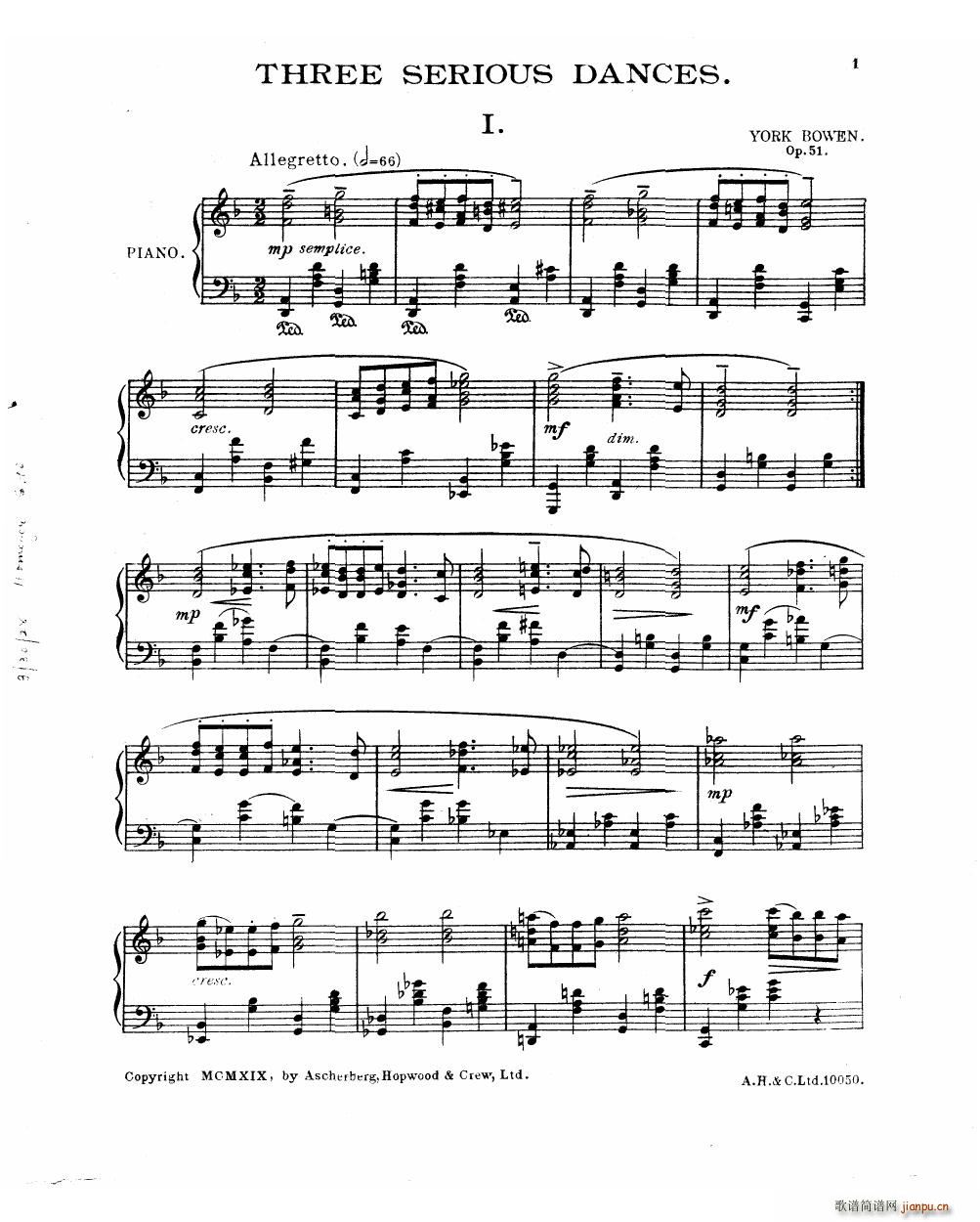 Bowen Serious Dances for piano Op 513