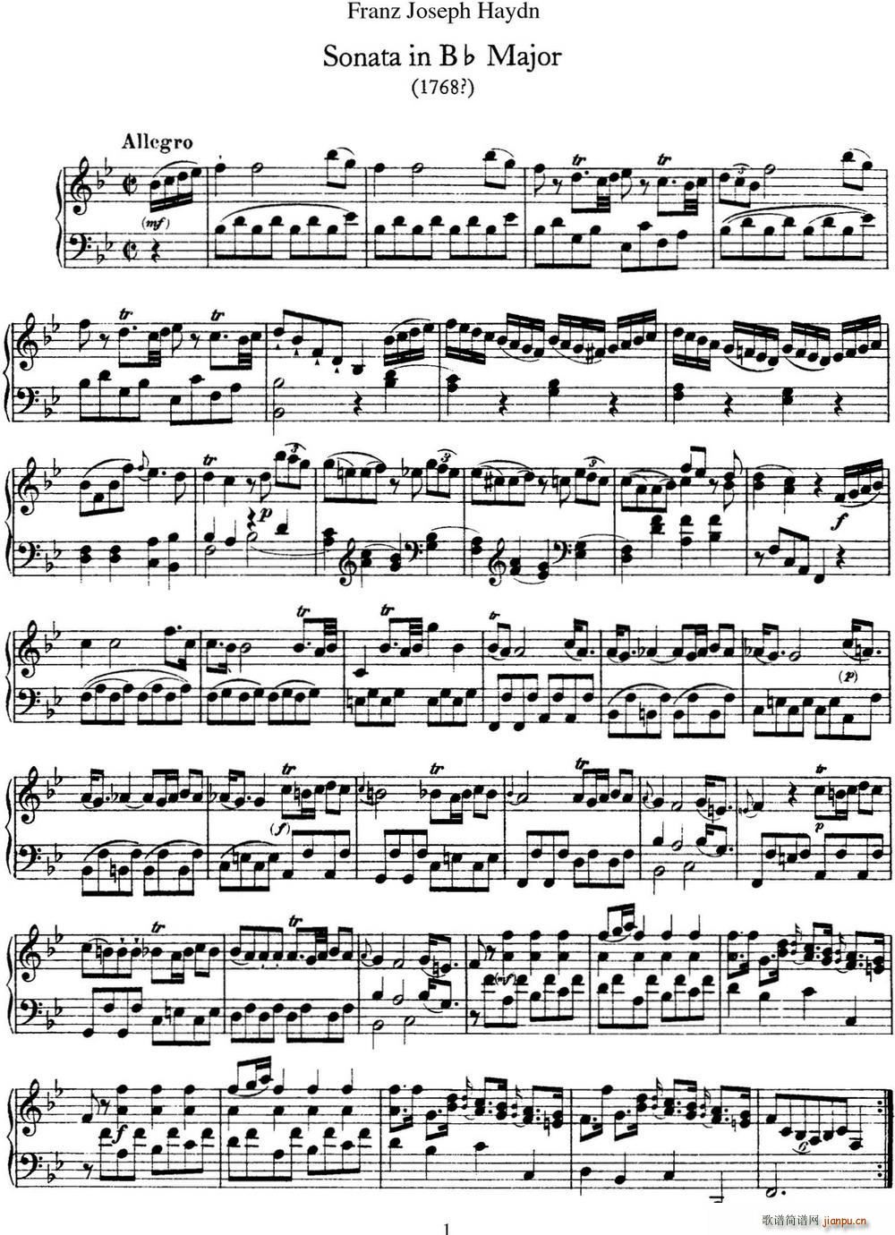 海顿 钢琴奏鸣曲 Hob XVI 17 in B-flat major1