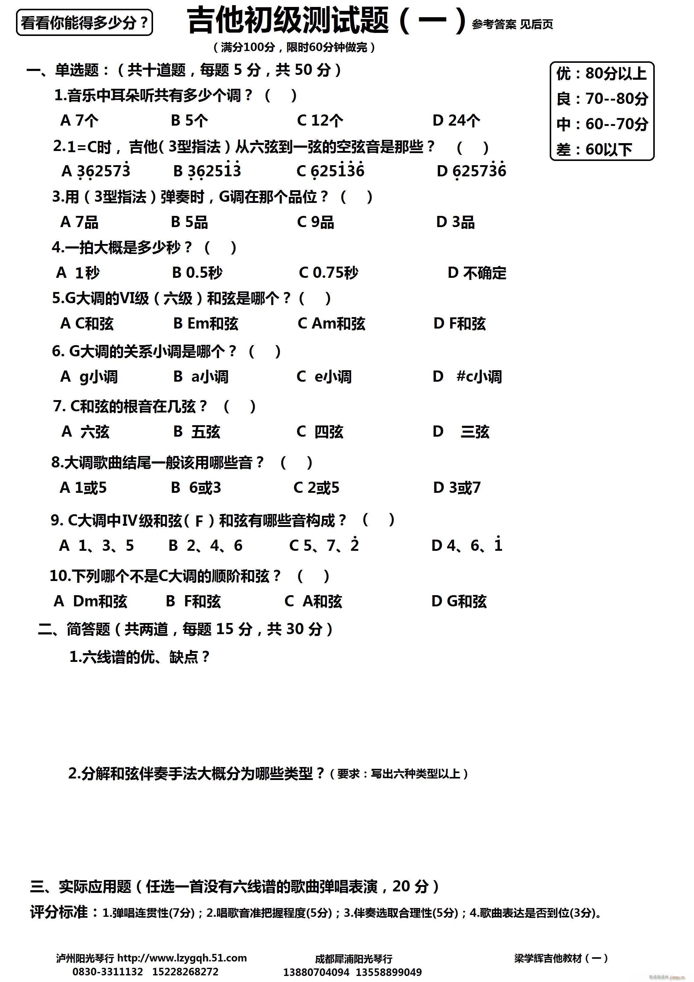 吉他初级测试题(一) 看看你能得多少分?_吉他测试题1