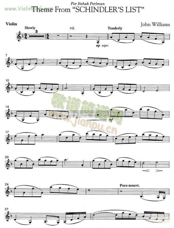 约翰・威廉姆斯《辛德勒名单》主题曲+钢琴伴奏谱1