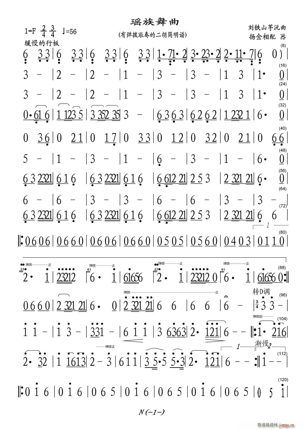 瑶族舞曲(有弹拨跟奏的二胡简明谱)_哈量三社区艺术团乐队 指挥 扬金相1