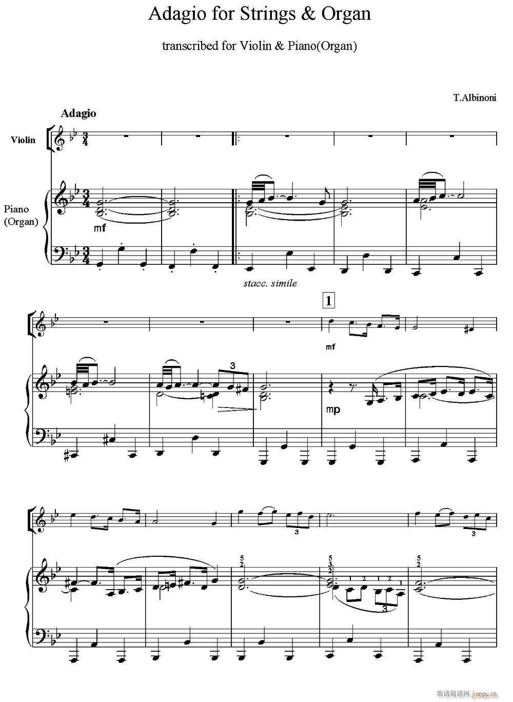 Adagio for Strings Organ（柔板）（ 钢琴伴奏）1