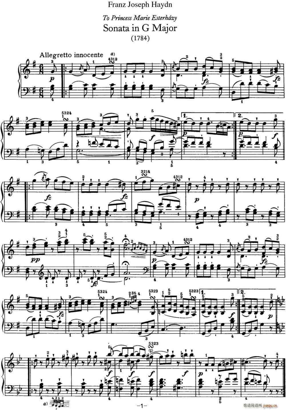 海顿 钢琴奏鸣曲 Hob XVI 40 in G major1