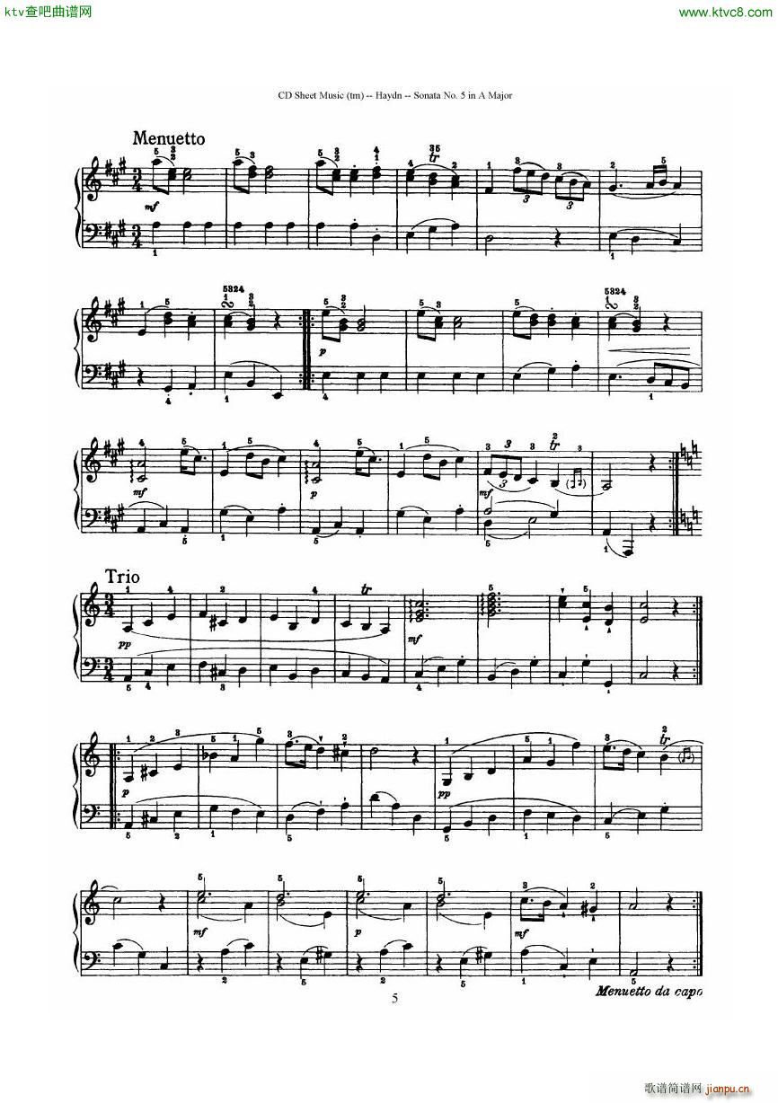 Haydn Joseph Sonata no 5 in A Major5