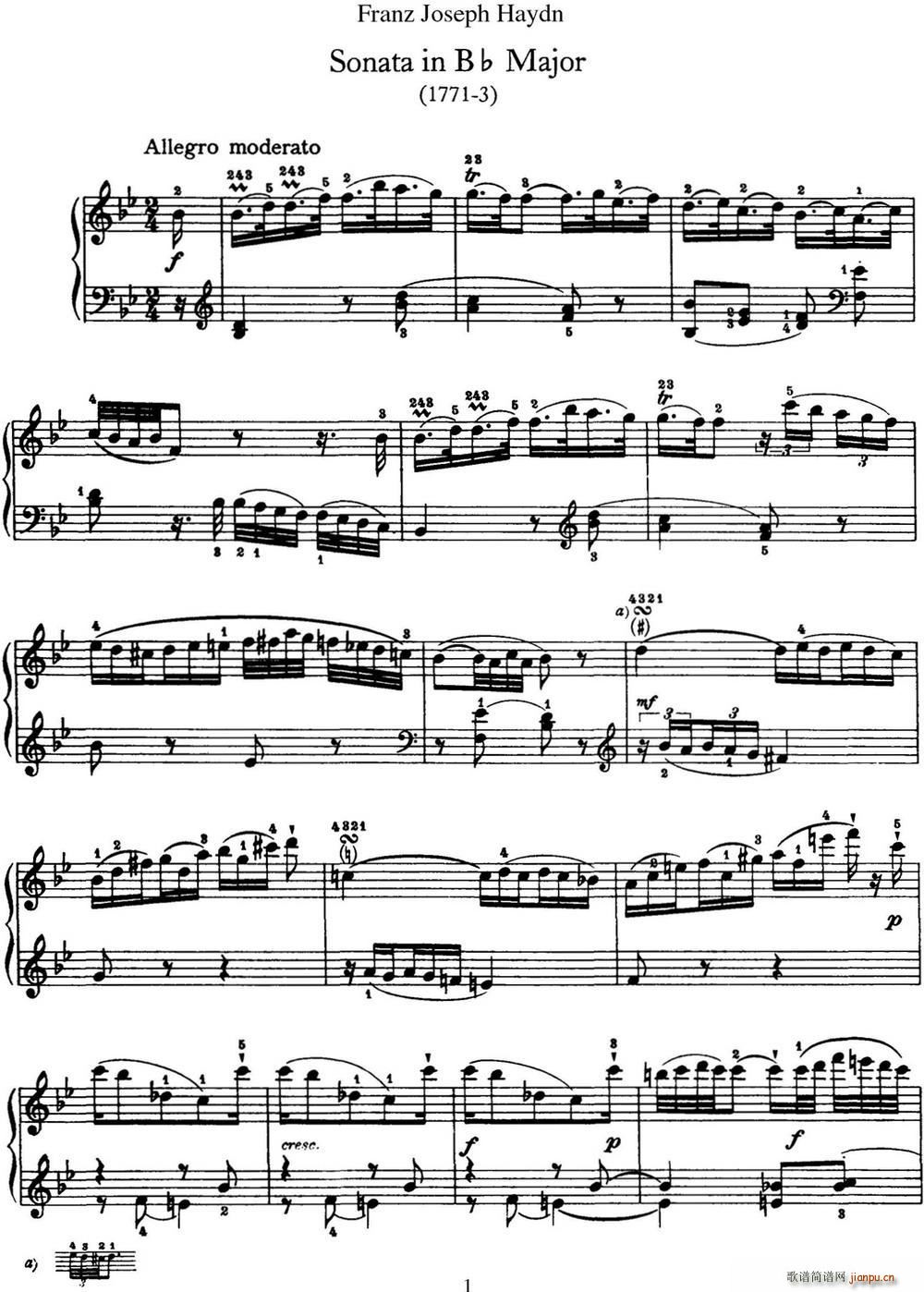 海顿 钢琴奏鸣曲 Hob XVI 18 in B-flat major1