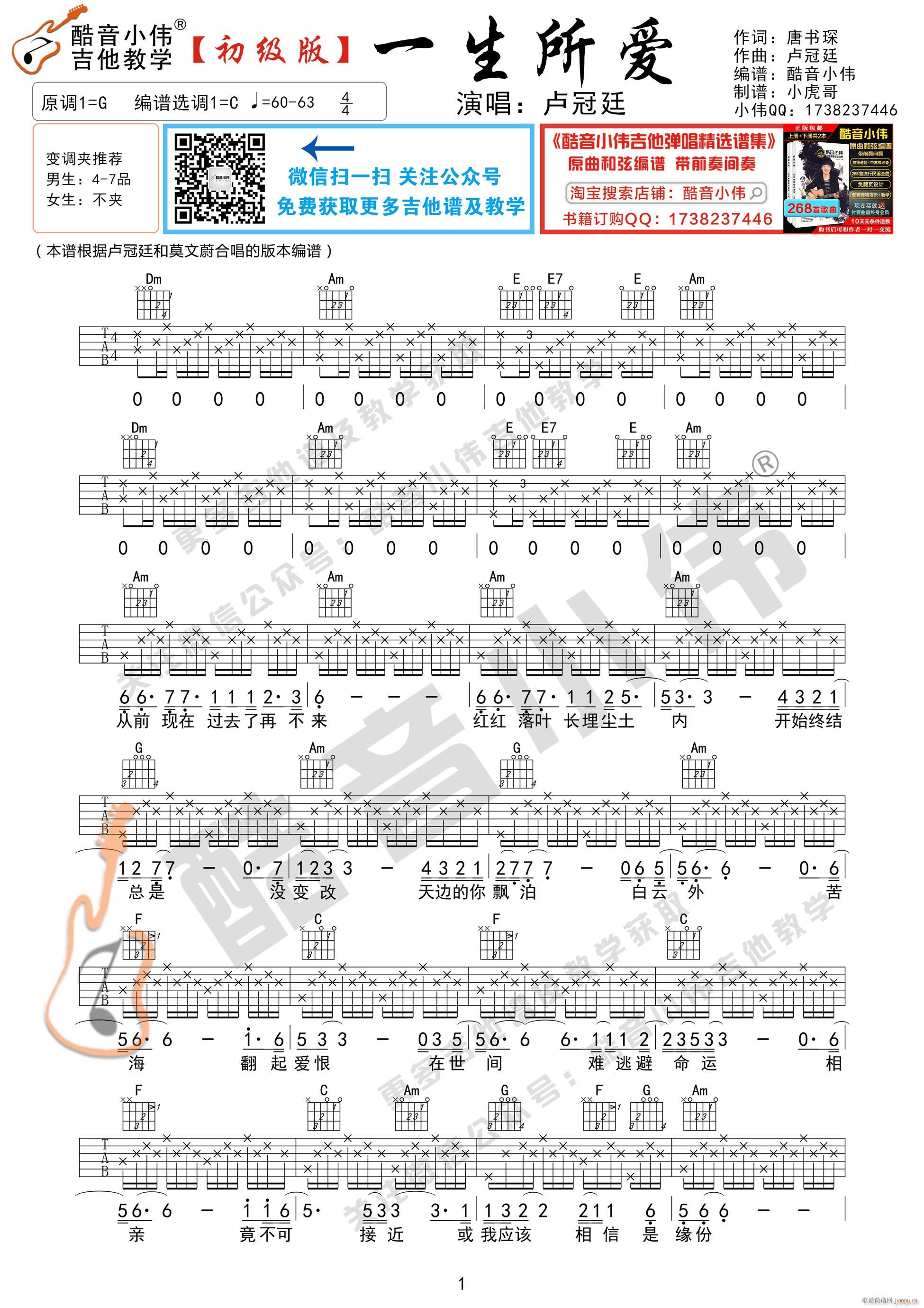 《一生所爱》 简单版 吉他弹唱教学_卢冠廷1