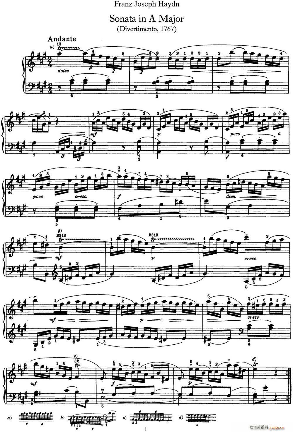 海顿 钢琴奏鸣曲 Hob XVI 12 Divertimento A major1
