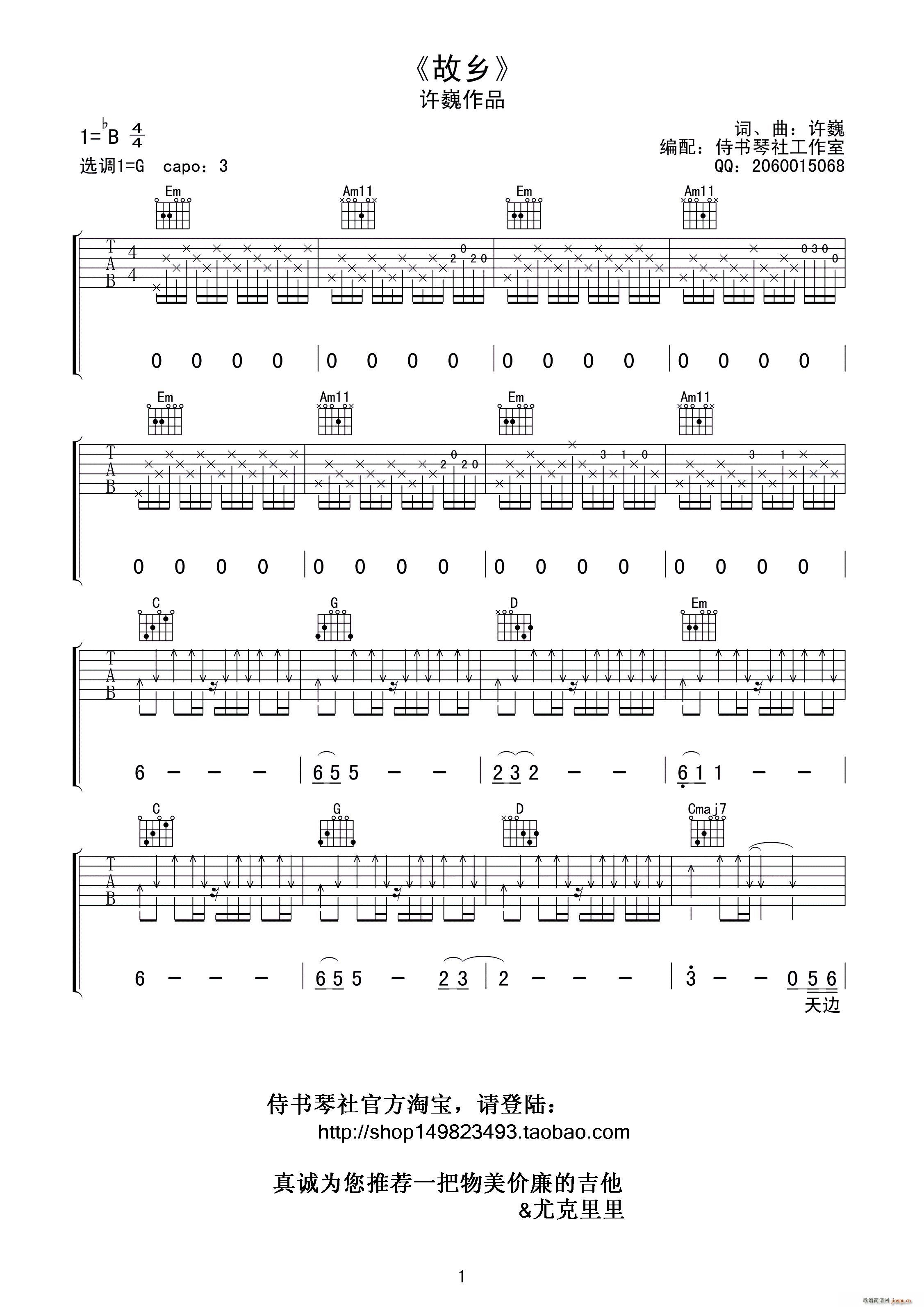 故乡（精准吉他前奏 侍书琴社编配）_许巍1