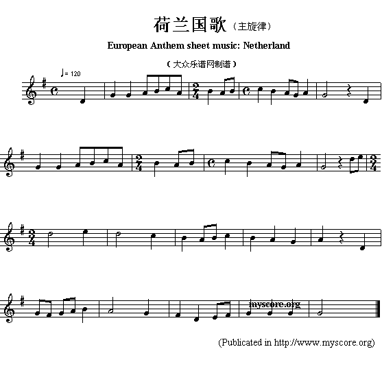 荷兰国歌（European Anthem sheet music:Netherland）1