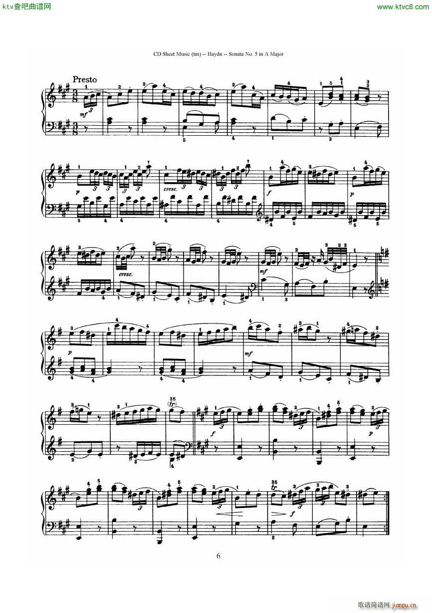 Haydn Joseph Sonata no 5 in A Major6