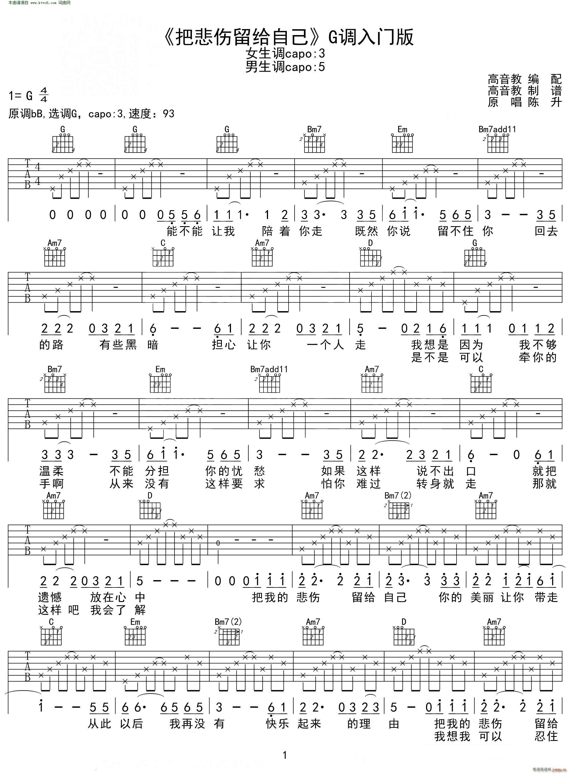 把悲伤留给自己( G调入门版 )_陈升1
