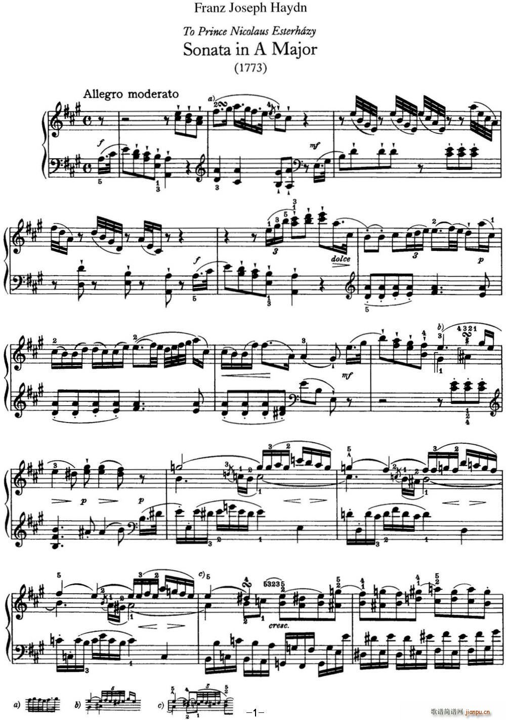 海顿 钢琴奏鸣曲 Hob XVI 26 in A major1