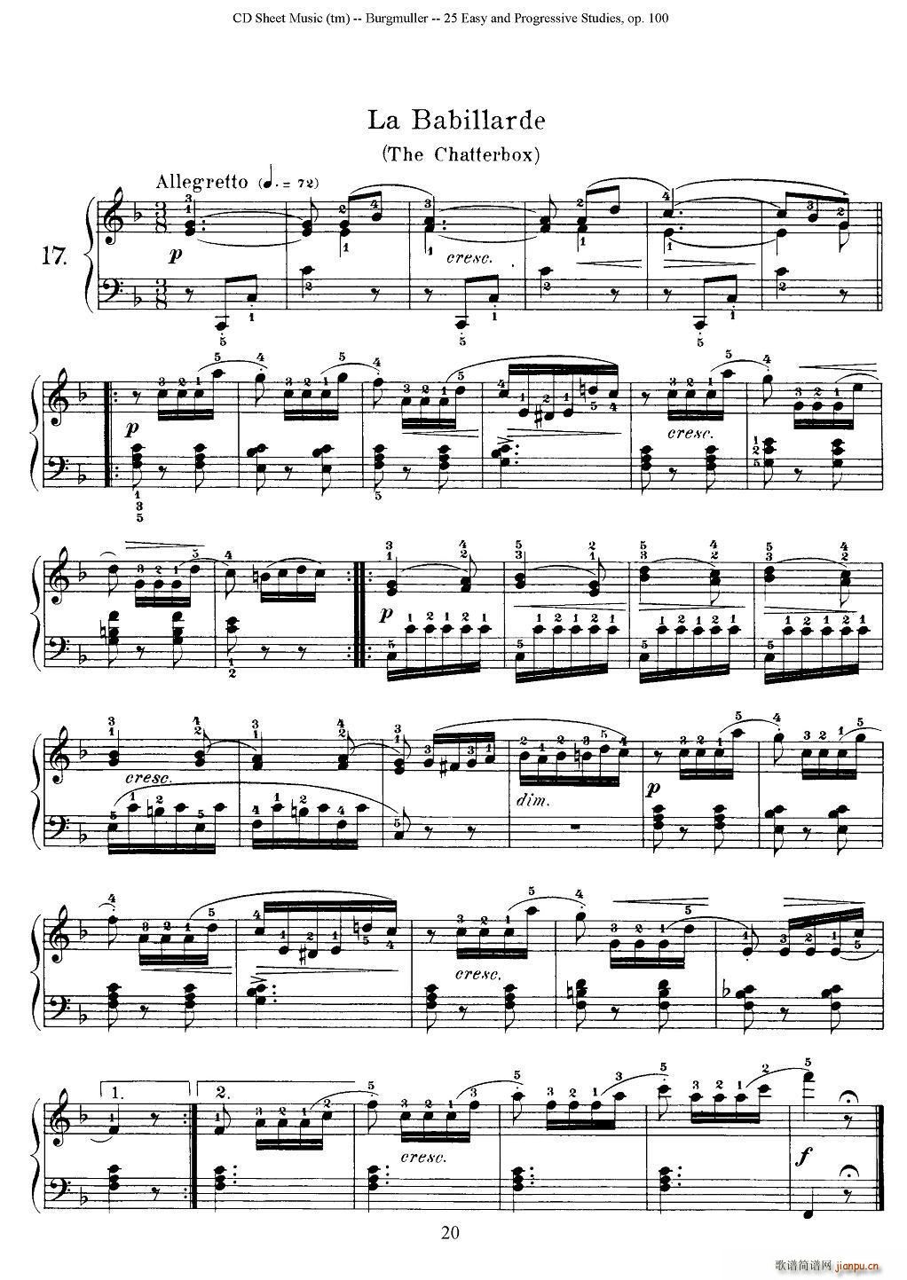 布尔格缪勒-25首钢琴进阶练习曲 Op 100（17、饶舌）1