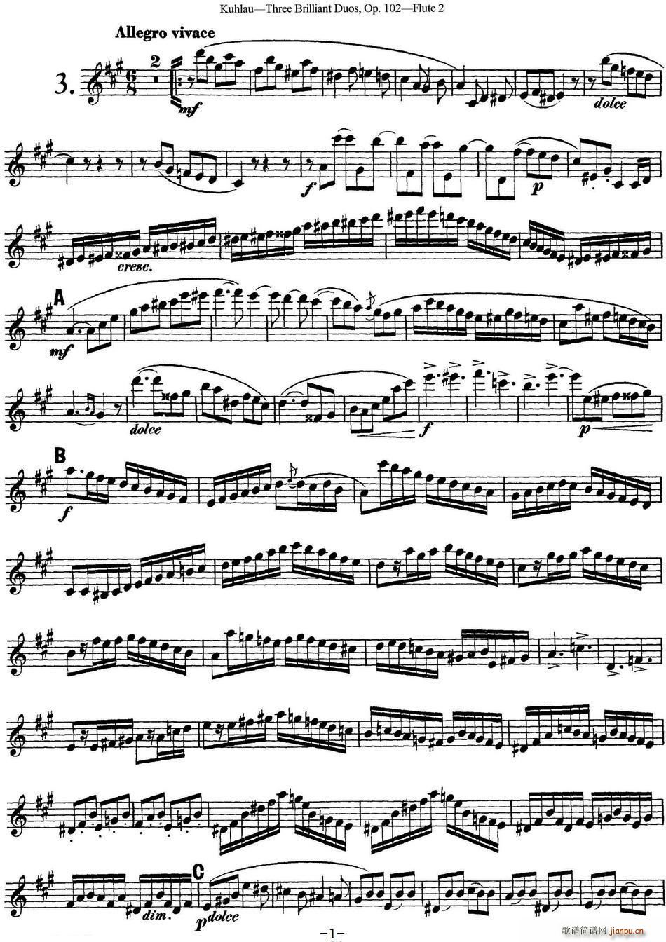 库劳长笛二重奏练习三段OP 102――Flute 2(NO 3)1