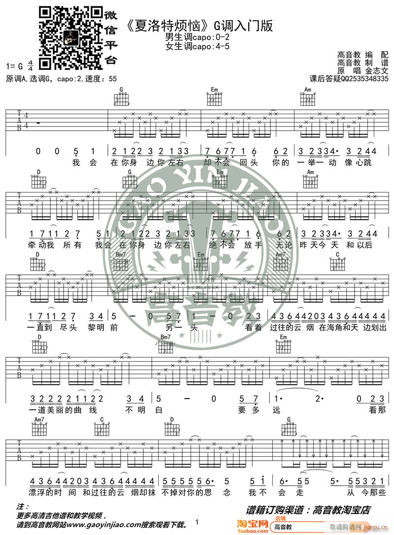 《夏洛特烦恼》 G调入门版 编配 猴哥吉他教学_金志文1