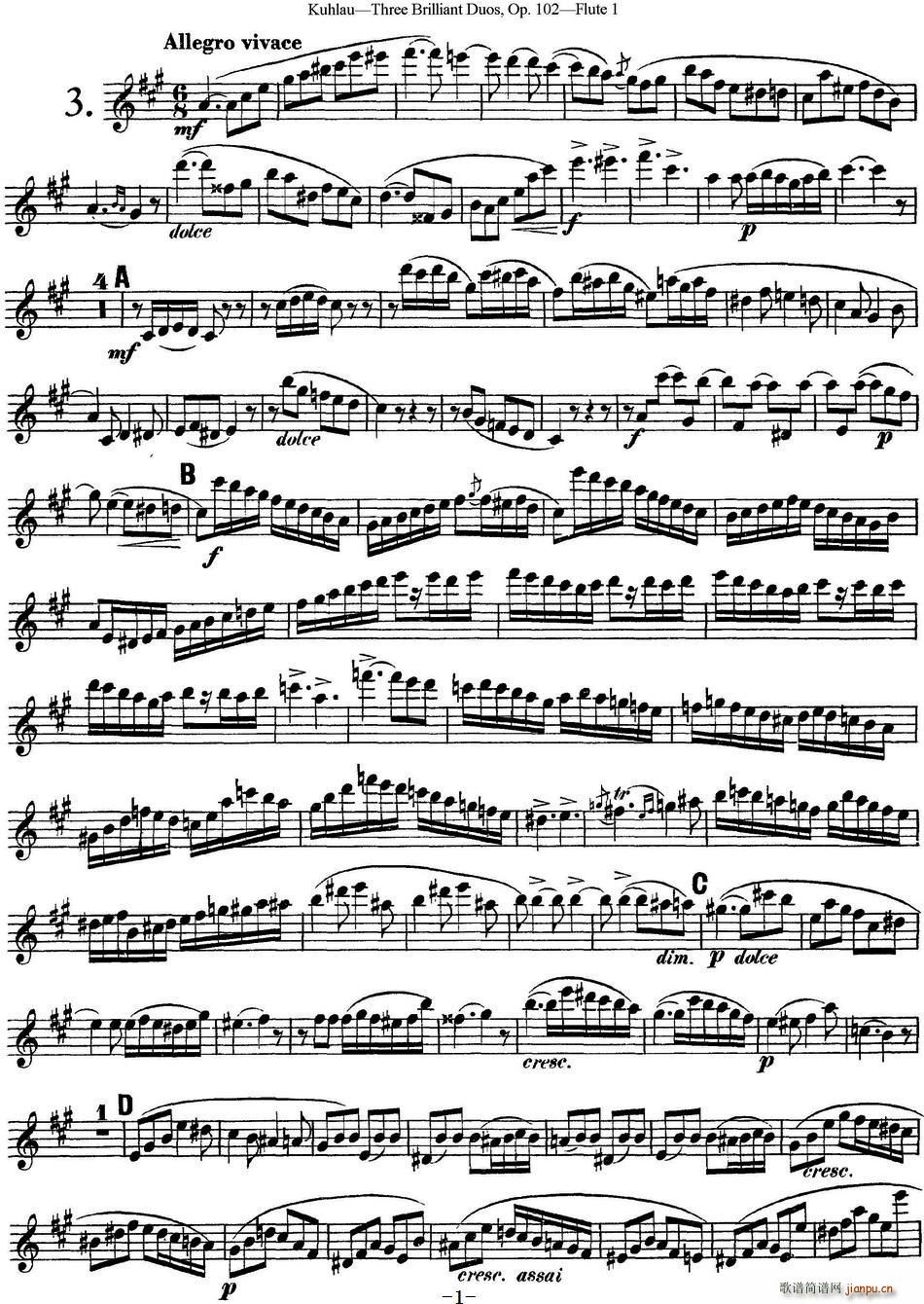库劳长笛二重奏练习三段OP 102――Flute 1(NO 3)1