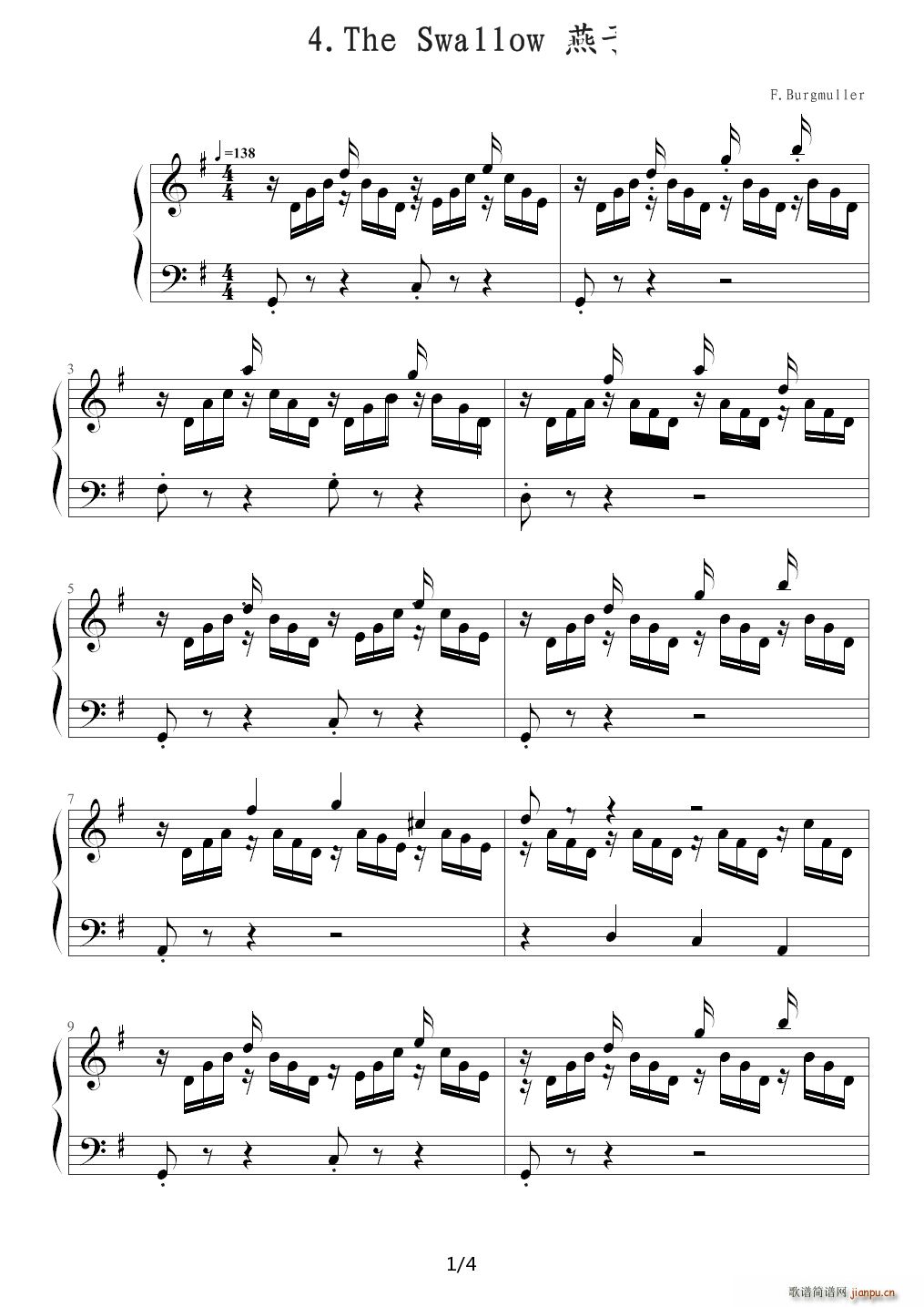燕子（The Swallow 布格缪勒钢琴进阶25曲作品100第24首） G调1