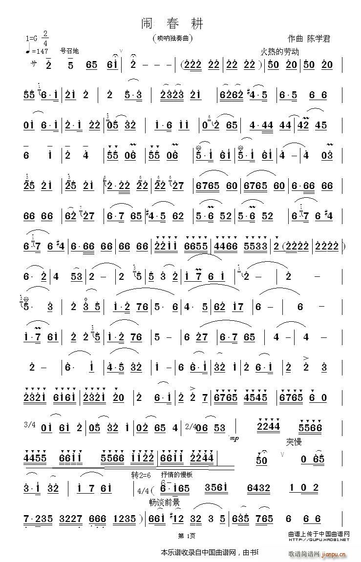 闹春耕（唢呐独奏曲） 乐器谱1