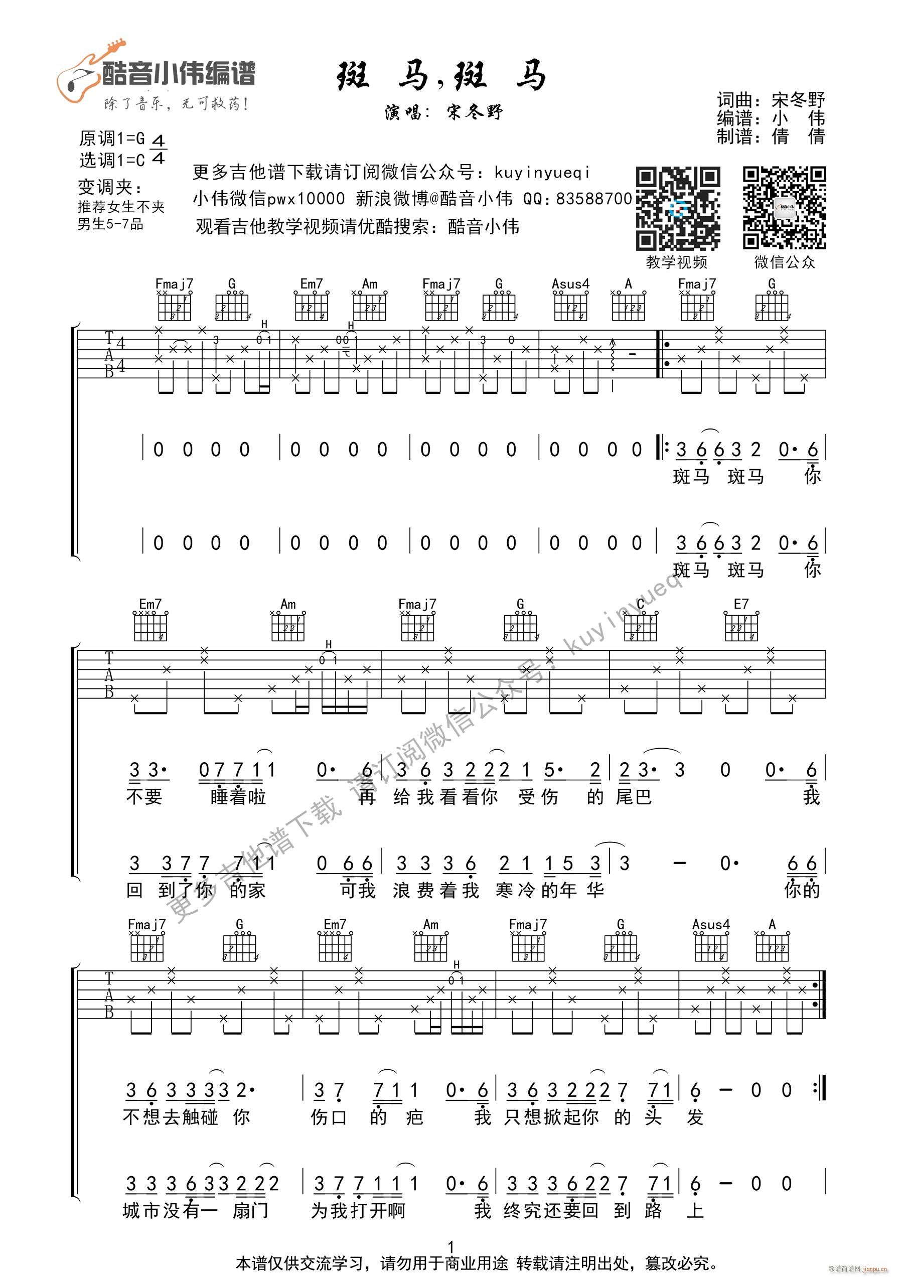 《斑马 斑马》C调带前奏间奏 [超好听 简单弹] 编谱（ 编谱）_宋冬野1