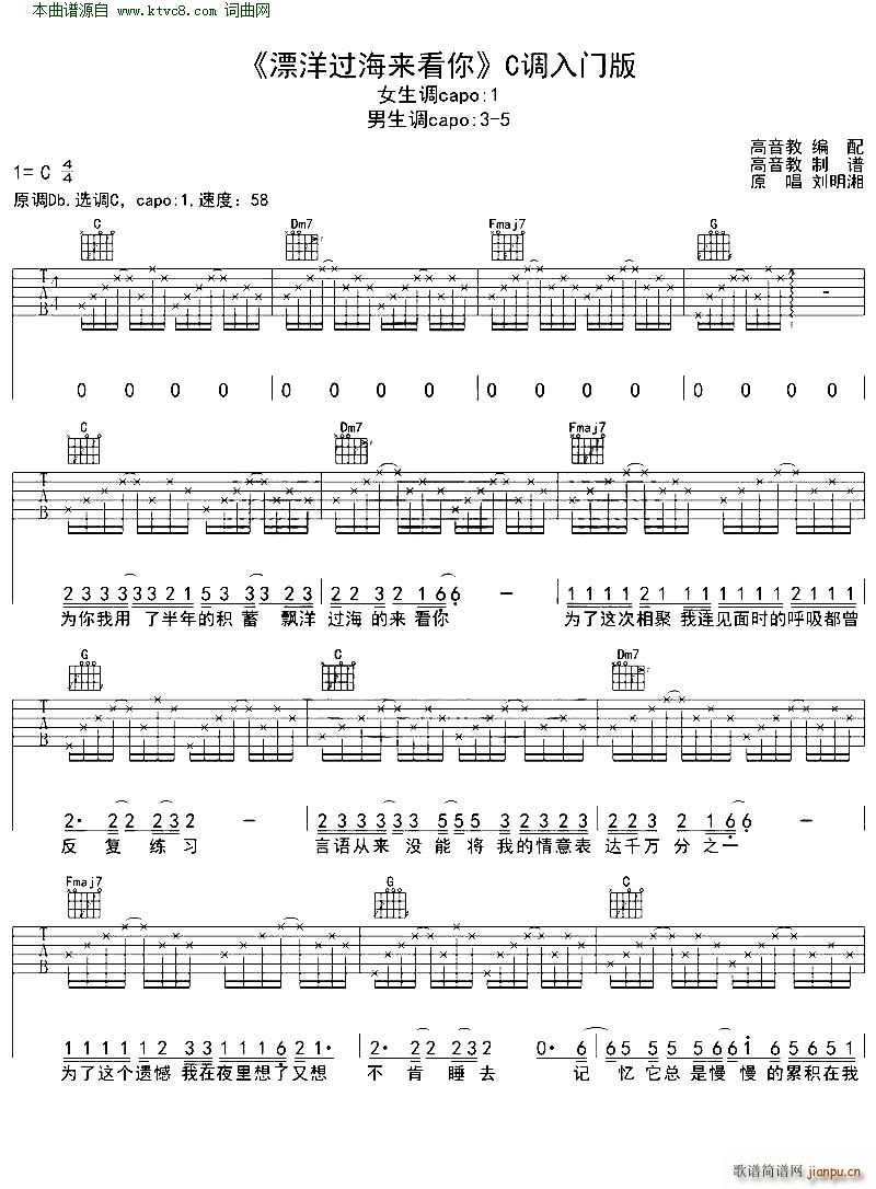 漂洋过海来看你( 吉他弹唱教学C调入门版)1