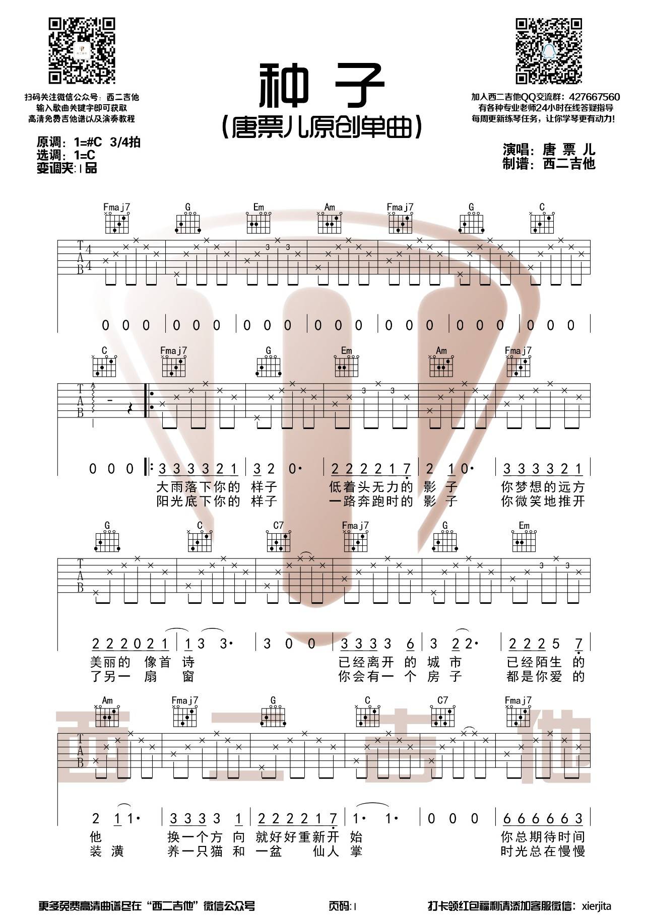 种子吉他谱 C调高清版_西二吉他编配_唐票儿1