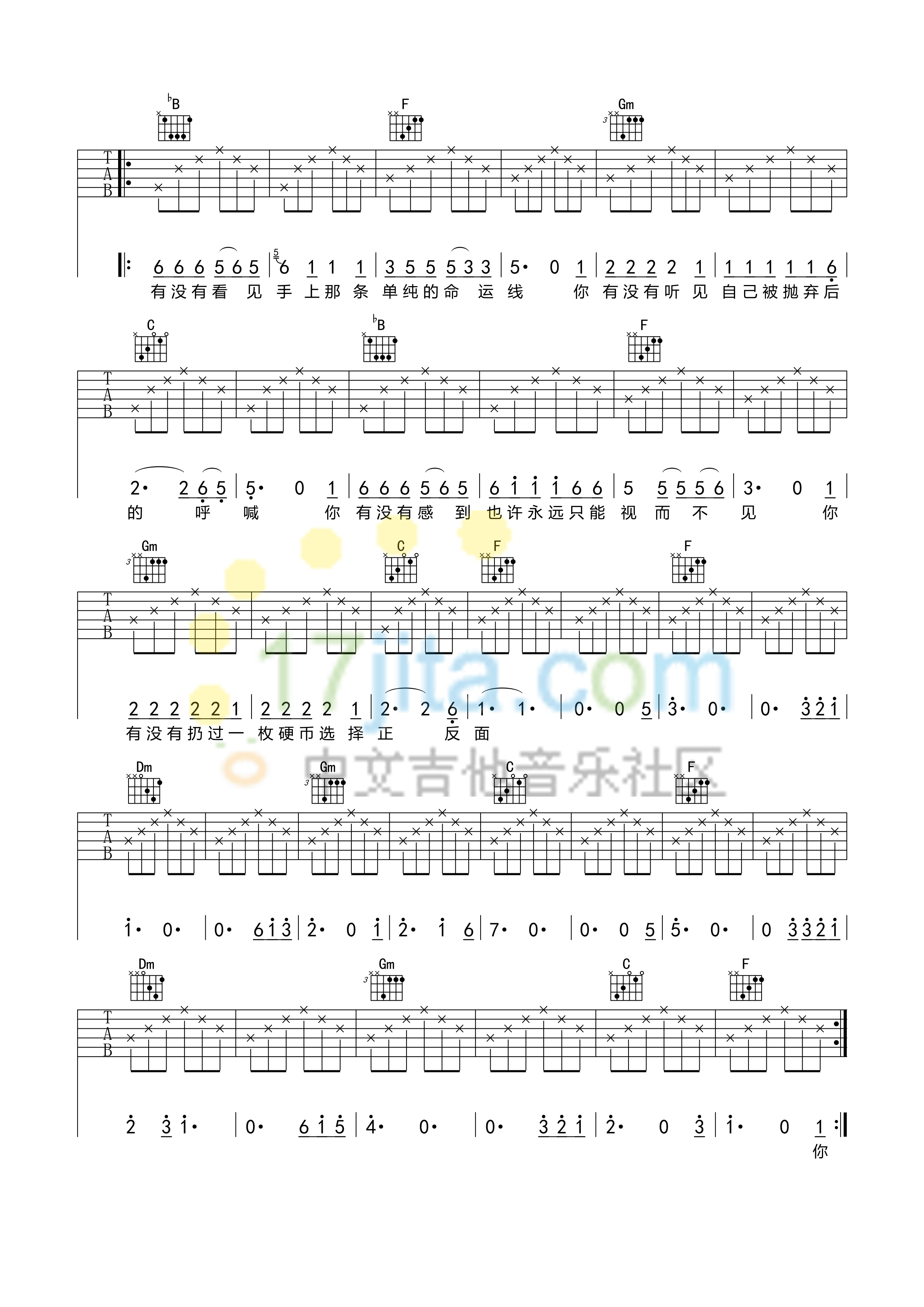 硬币吉他谱 F调简单版_中文吉他音乐社区编配_汪峰3