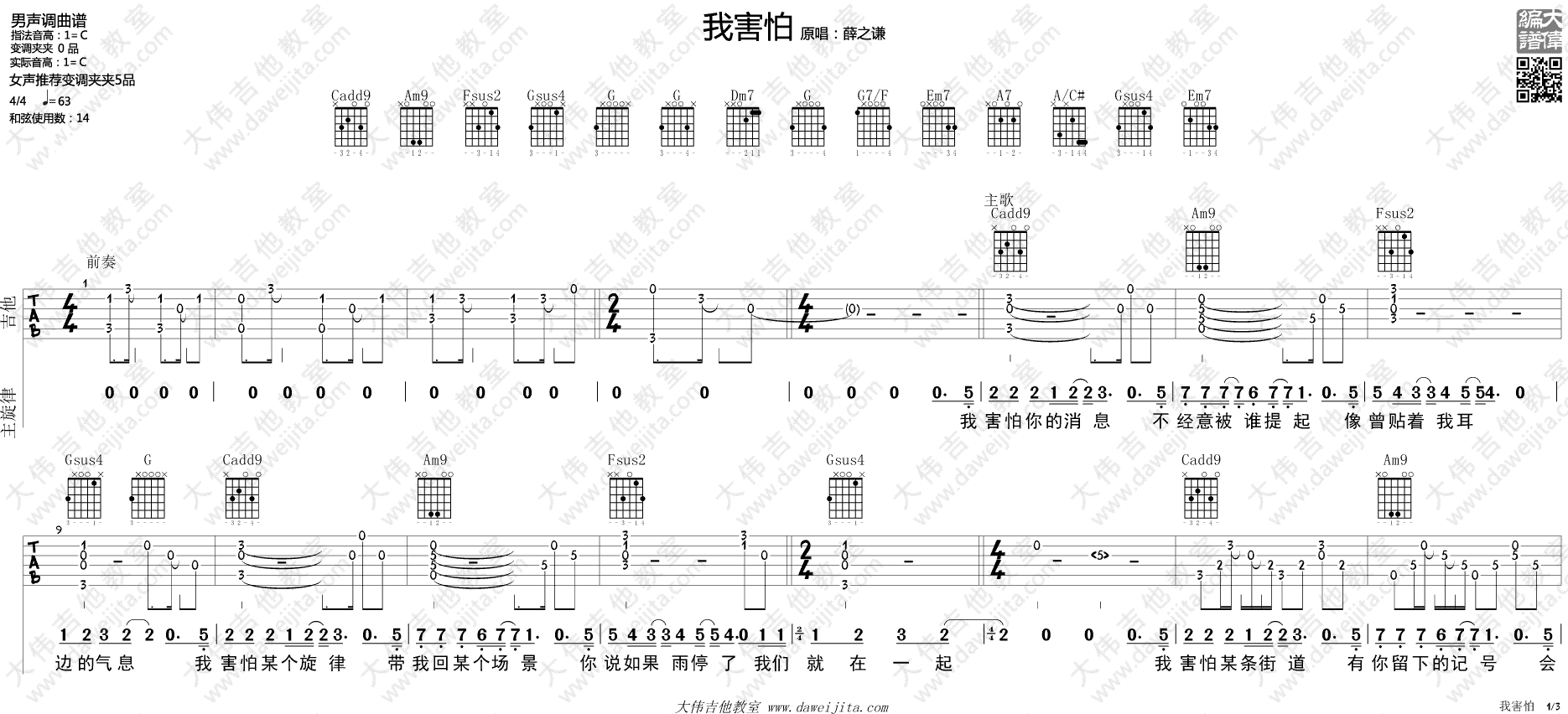 我害怕吉他谱 C调精选版_大伟吉他教室编配_薛之谦1