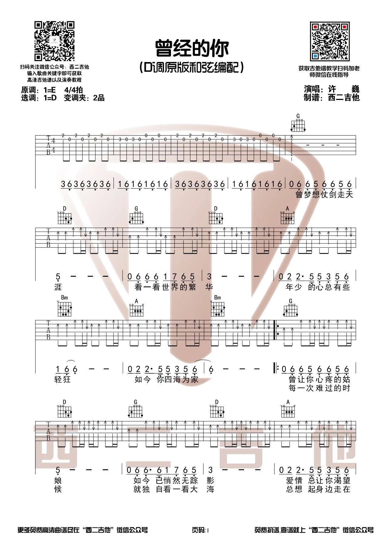 曾经的你吉他谱 D调_西二吉他编配_许巍1