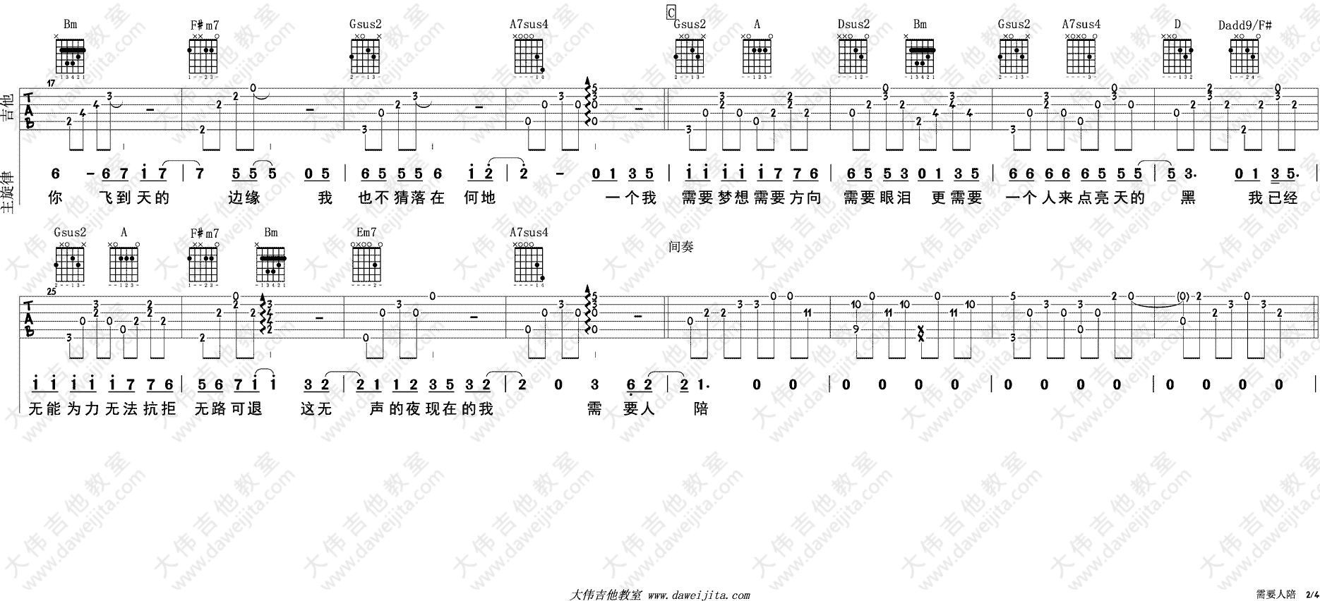 需要人陪吉他谱 F调六线谱_大伟吉他教室编配_王力宏2