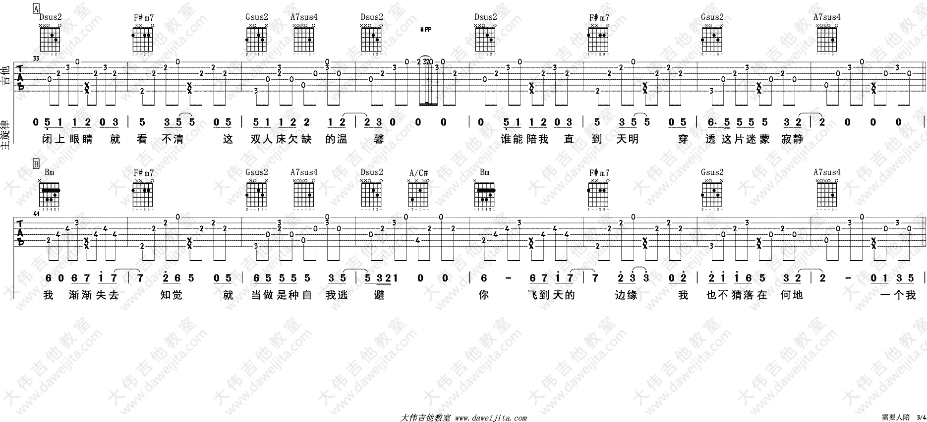 需要人陪吉他谱 F调六线谱_大伟吉他教室编配_王力宏3