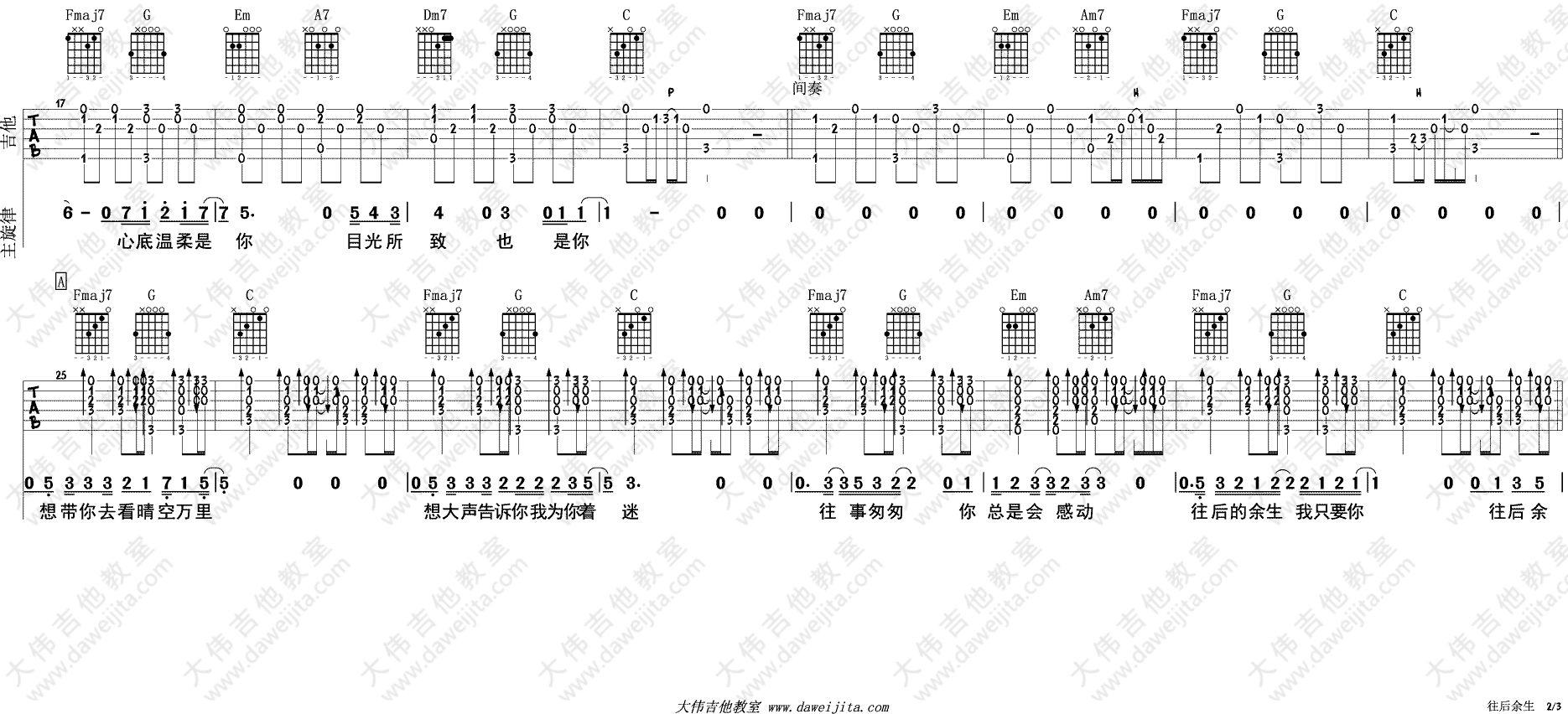 往后余生吉他谱 C调附教程_大伟吉他教室编配_马良2