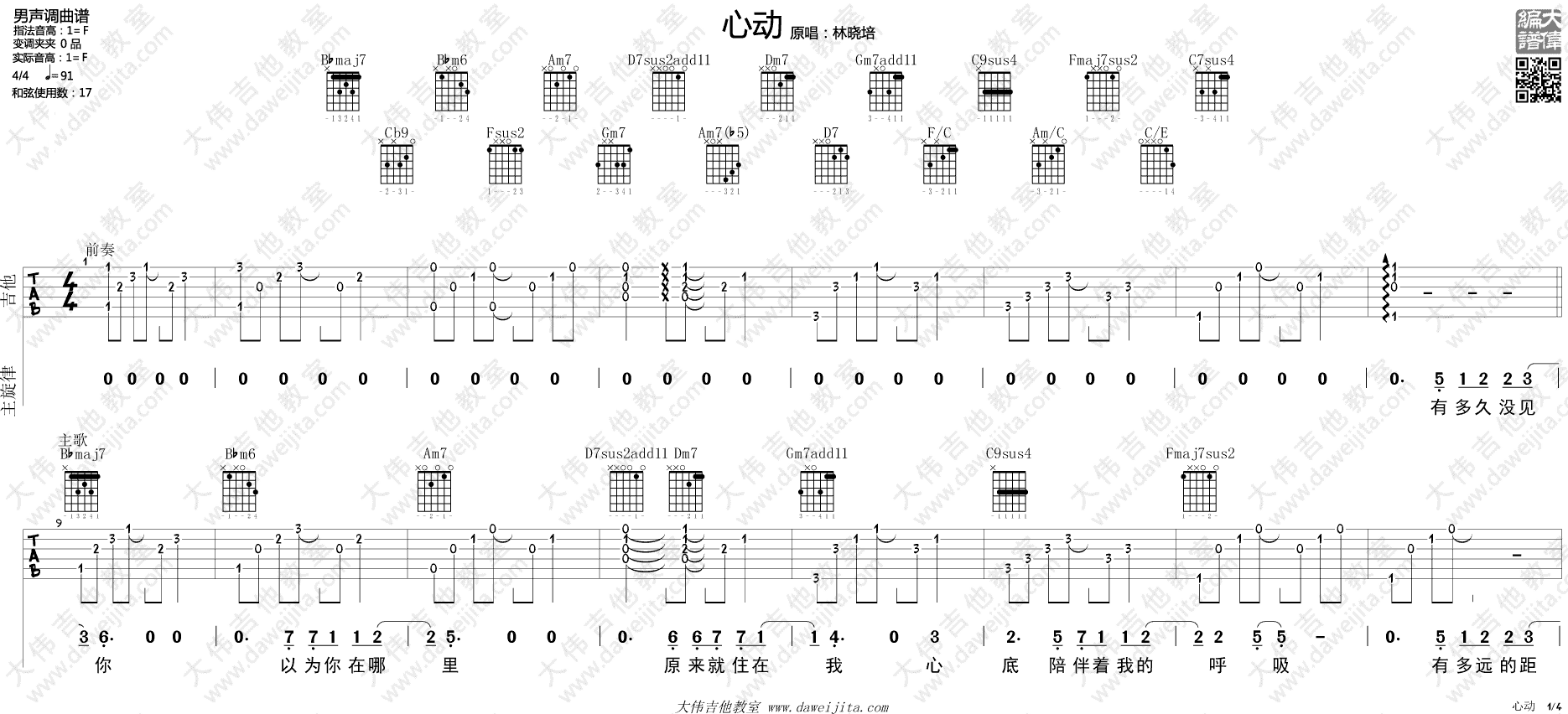 心动吉他谱 F调_大伟吉他教室编配_林晓培1