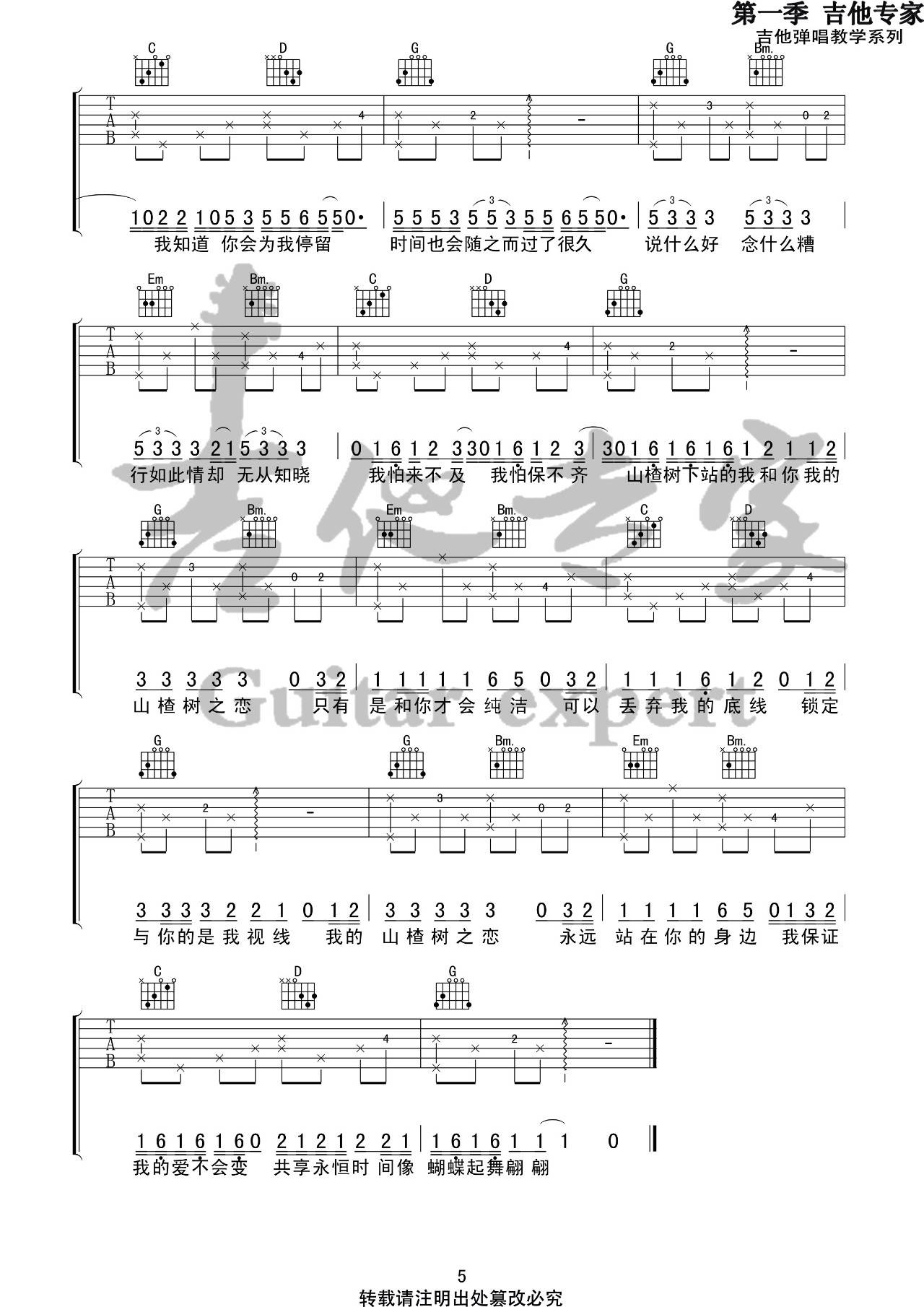 山楂树之恋吉他谱 G调精选版_音艺吉他编配_大能人5