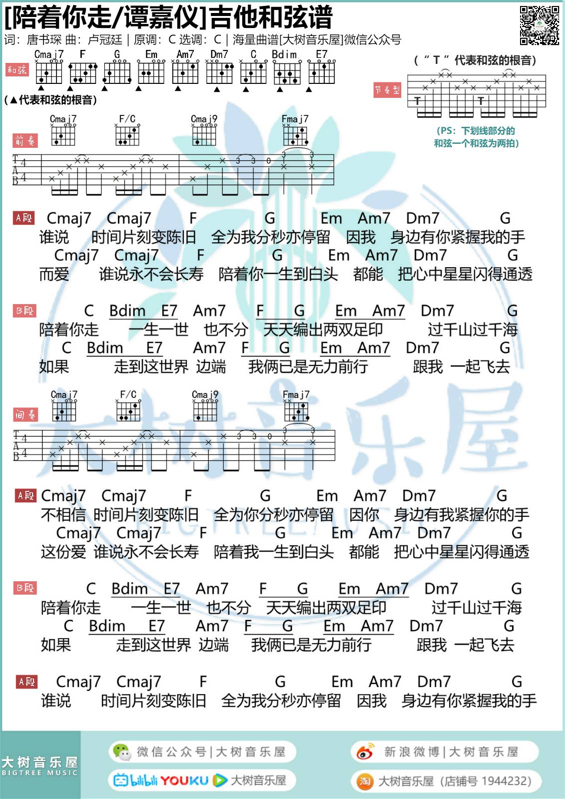 陪着你走吉他谱 C调附视频_大树音乐屋编配_谭嘉仪1