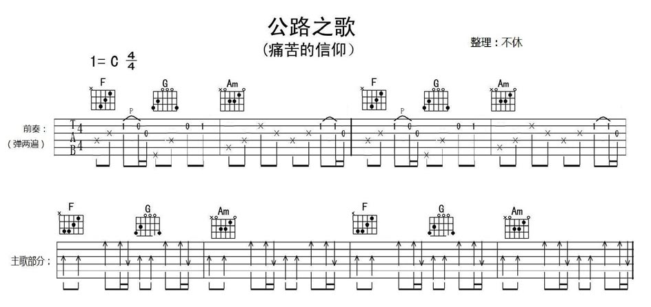 公路之歌吉他谱 C调附弹唱视频_不休编配_痛仰乐队1