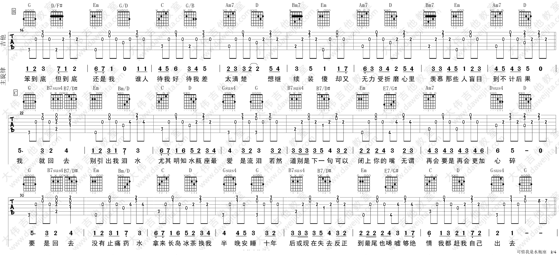 可惜我是水瓶座吉他谱 G调附视频_大伟吉他教室编配_杨千嬅2
