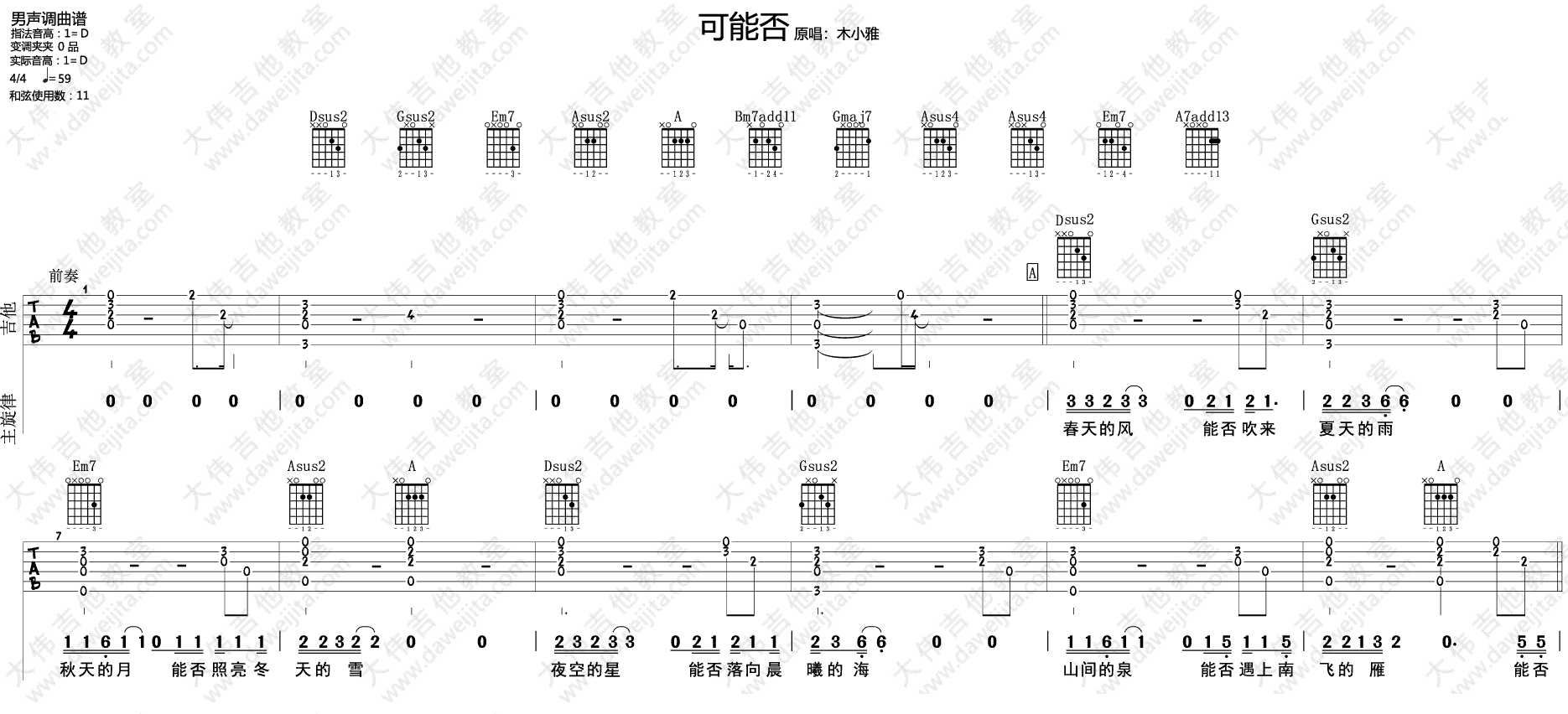 可能否吉他谱 D调指弹版附视频_大伟吉他编配_木小雅1