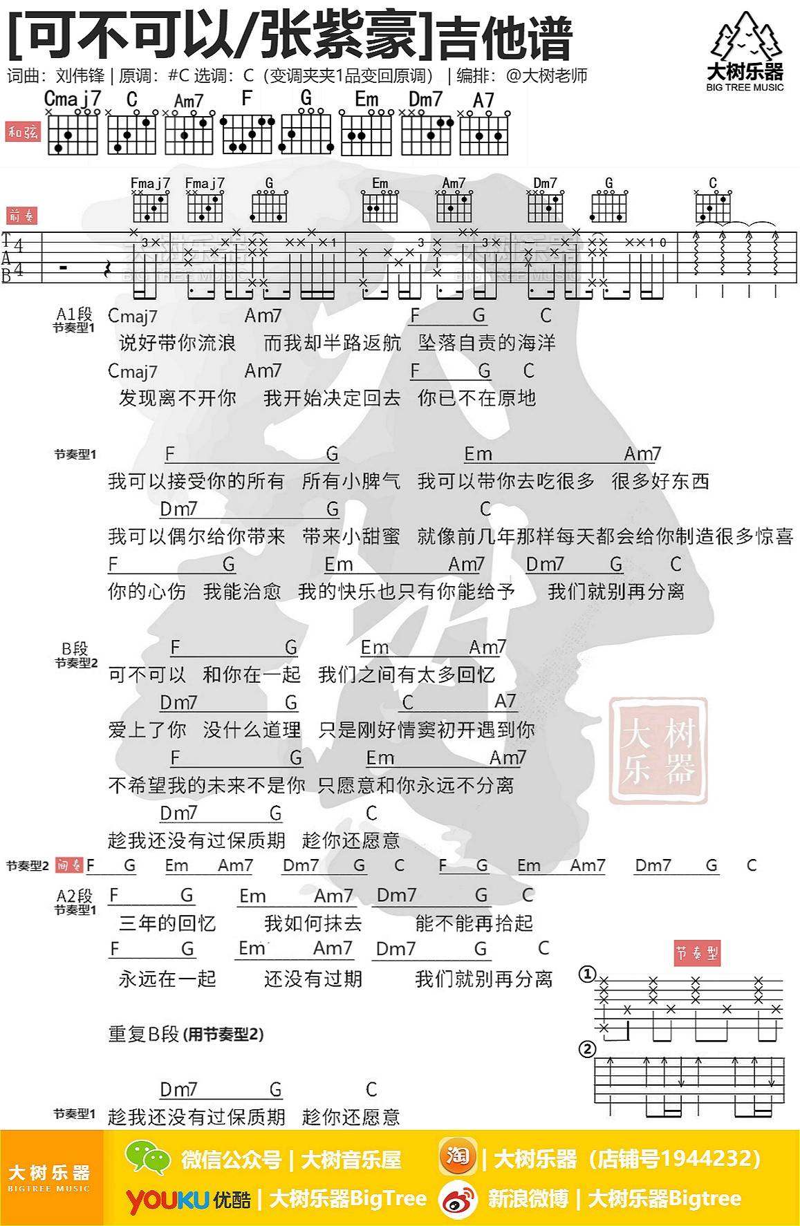 可不可以吉他谱 C调附教程_大树音乐编配_张紫豪1