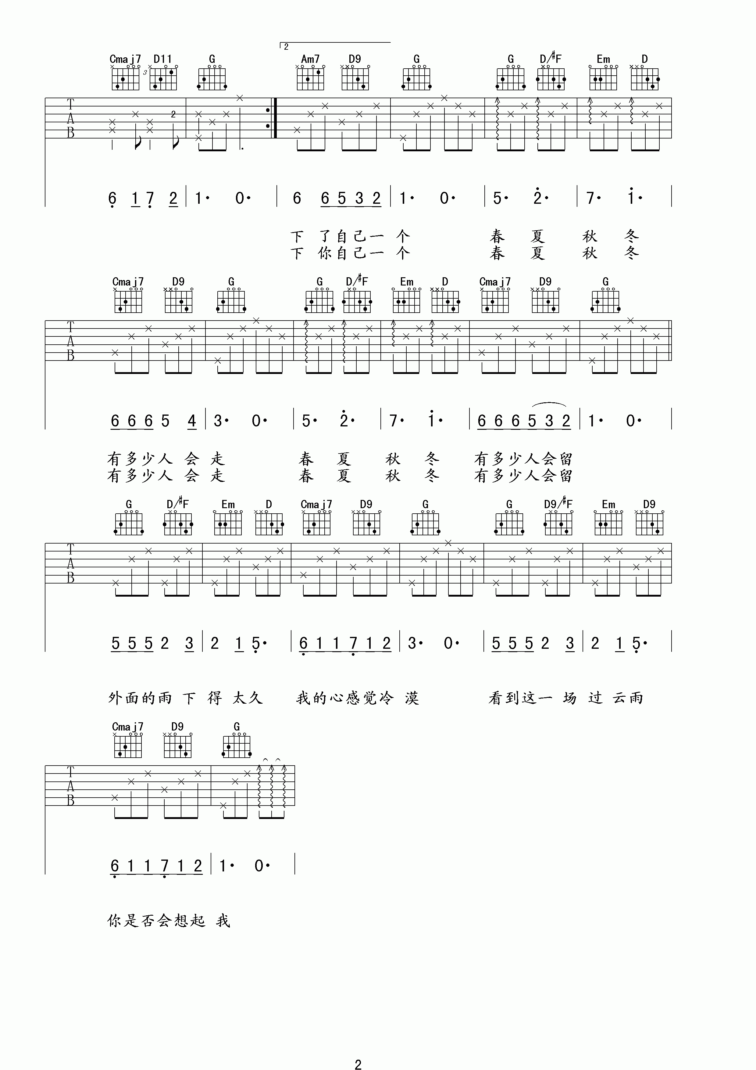 过云雨吉他谱 G调六线谱_高清版_张敬轩2