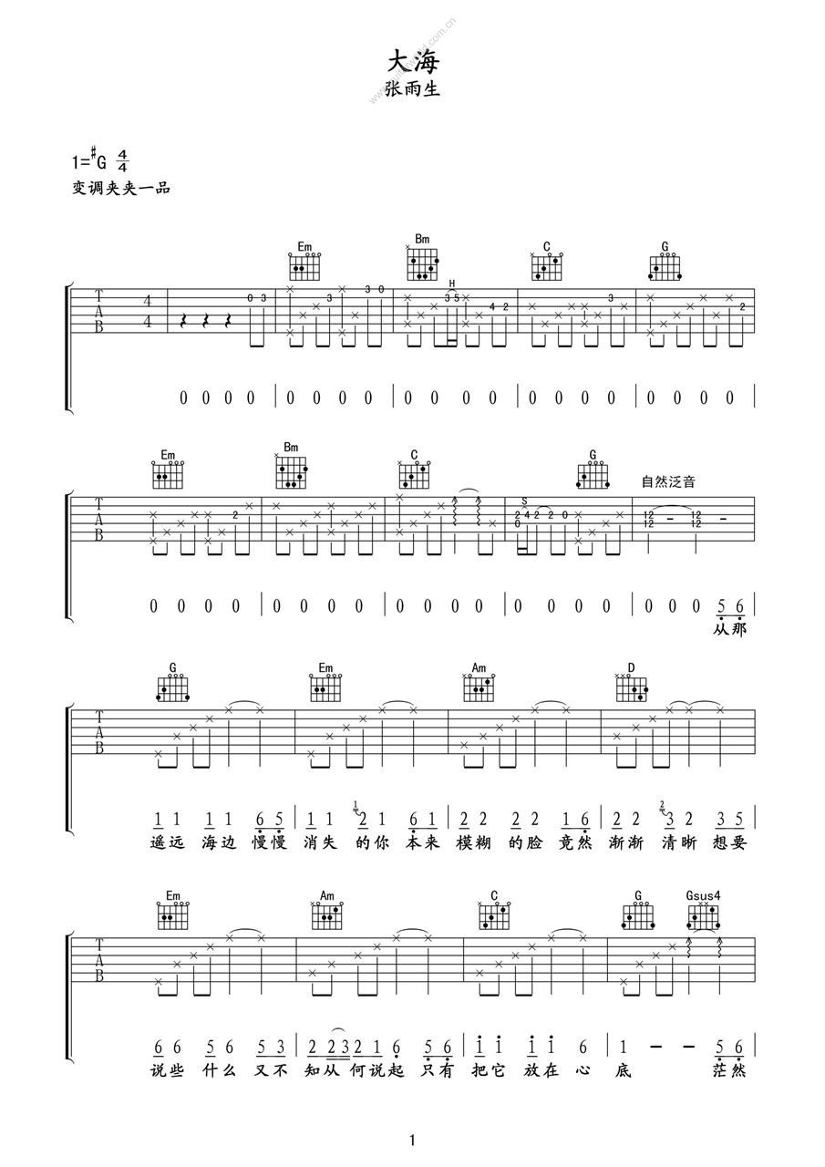 大海吉他谱 G调六线谱_高清版_张雨生1