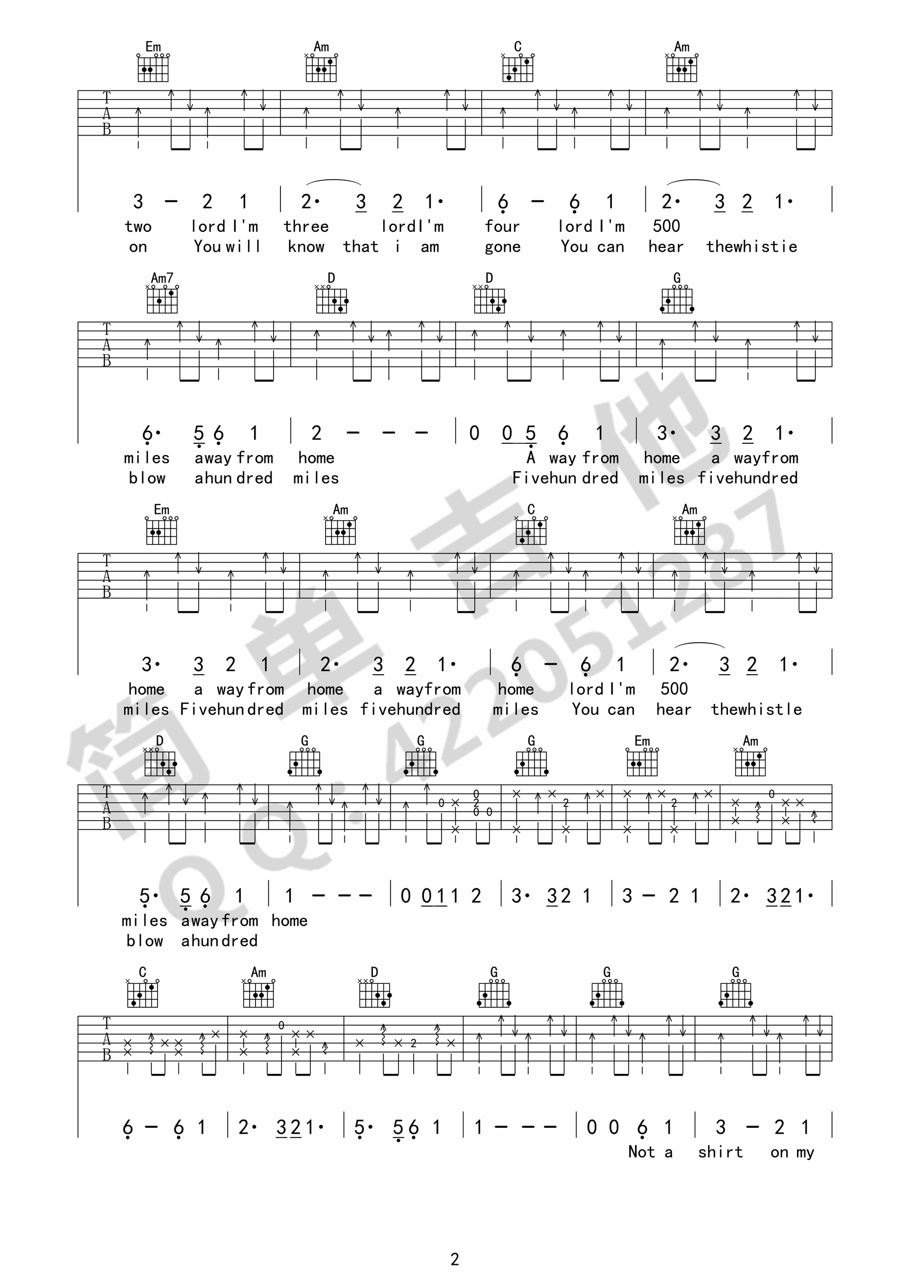500 miles吉他谱 G调六线谱_简单吉他编配_the journeymen2