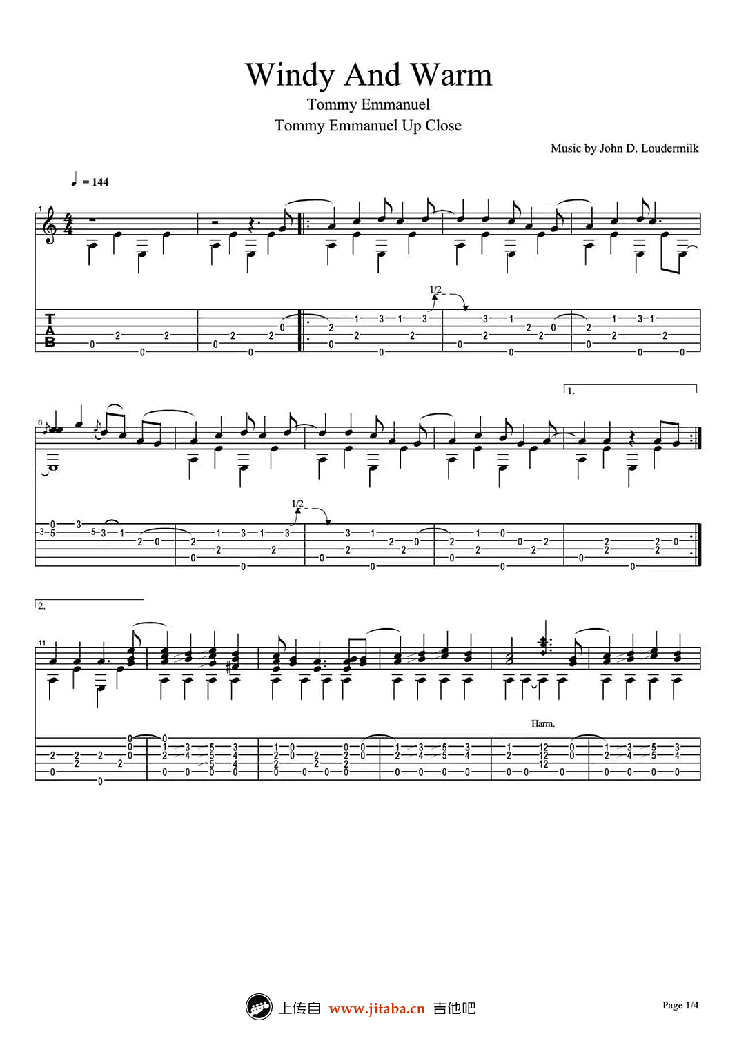 Windy And Warm指弹谱 原版六线谱_吉他吧编配_Tommy Emmanuel1