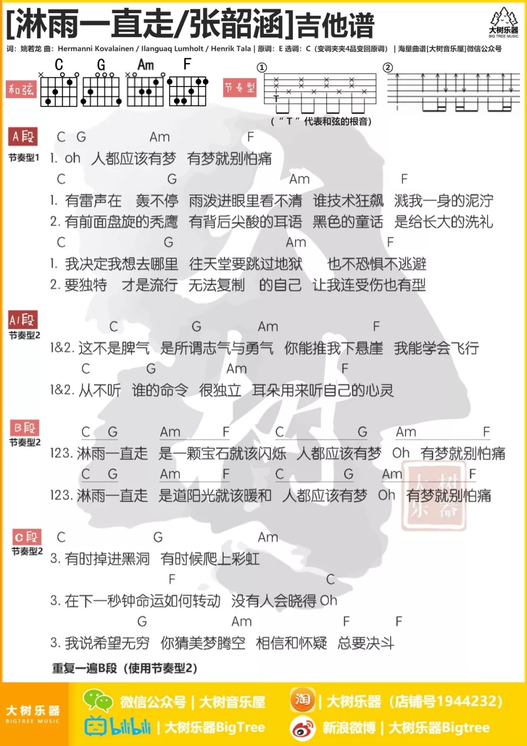 淋雨一直走吉他谱 C调和弦谱_大树音乐屋编配_张韶涵1