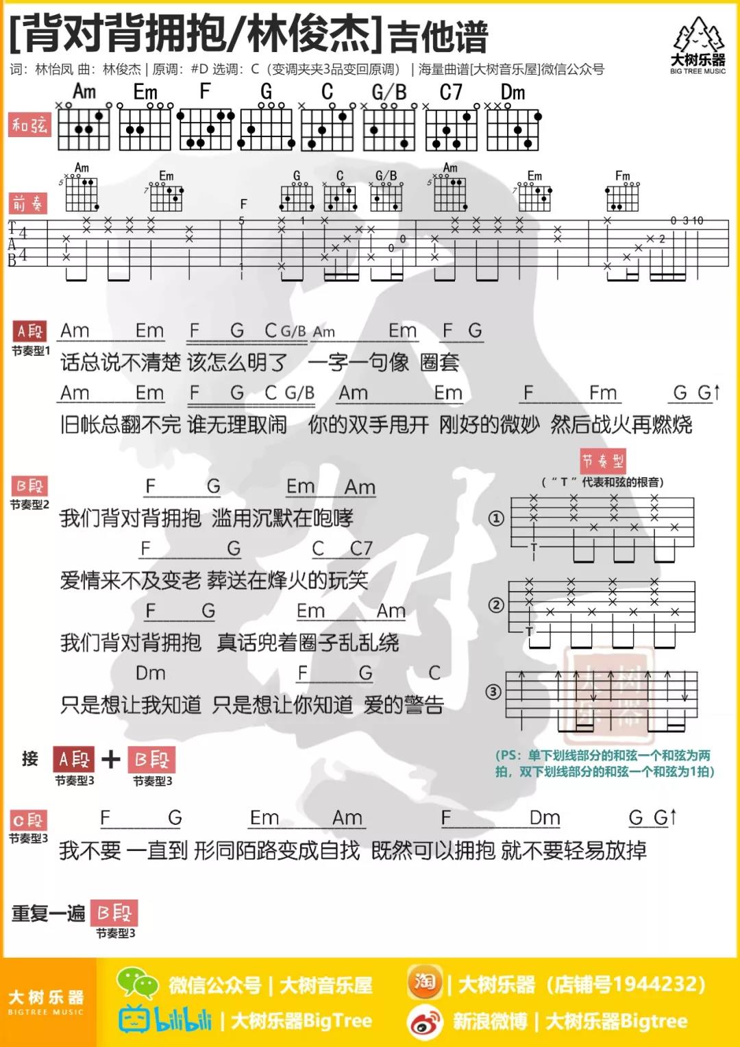 背对背拥抱吉他谱 C调和弦谱_大树音乐屋编配_林俊杰1