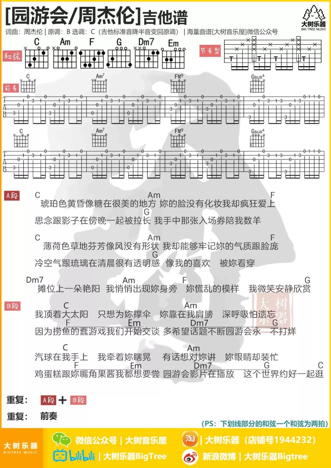 园游会吉他谱 C调和弦谱_大树音乐屋编配_周杰伦1