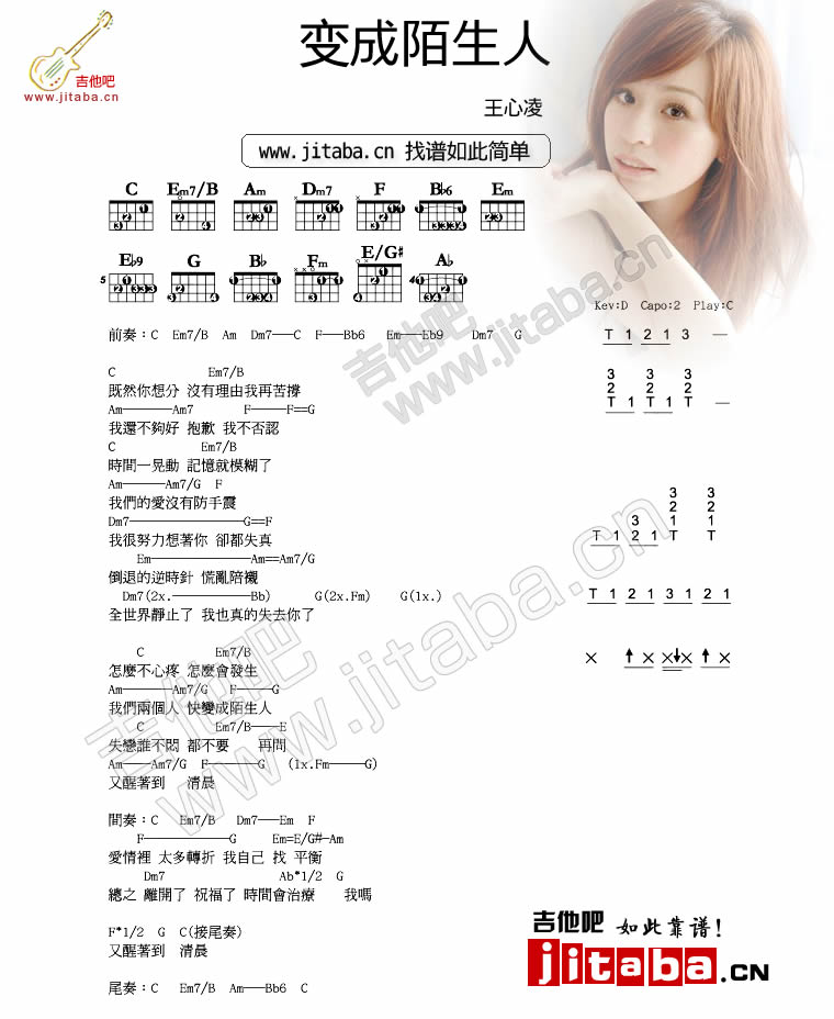 变成陌生人吉他谱 C调简单版_吉他吧编配_王心凌1