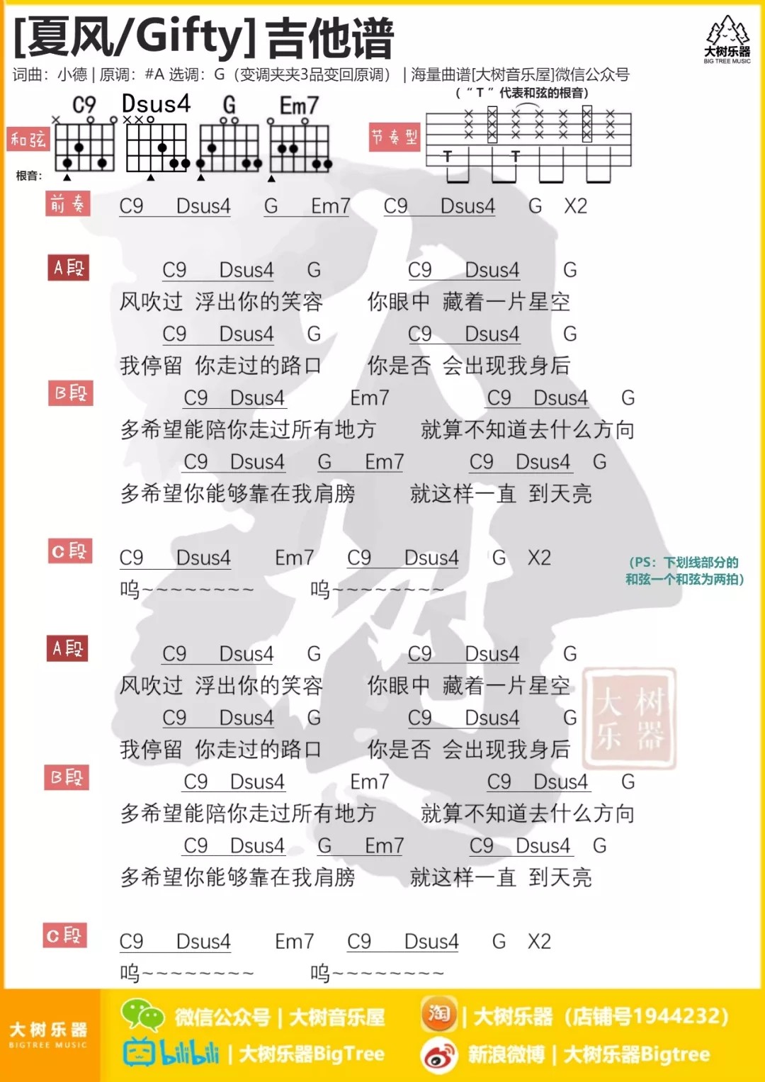夏风吉他谱 G调和弦谱_大树音乐编配_Gifty1