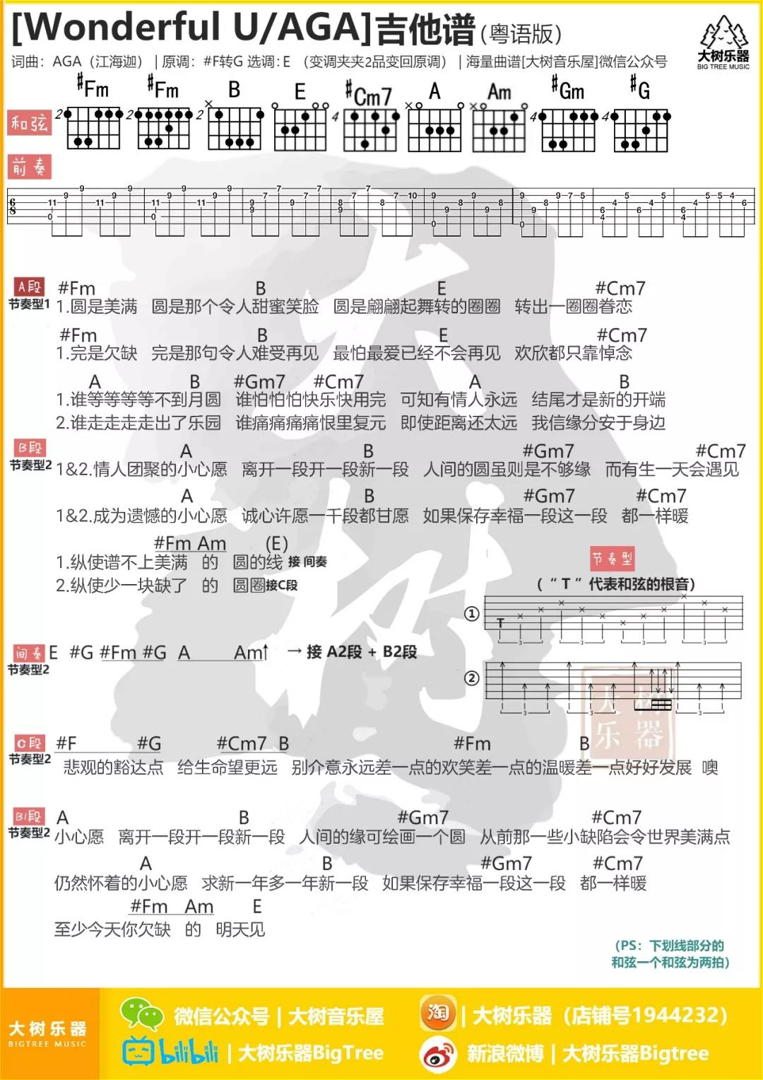 Wonderful U吉他谱 E调和弦谱_大树音乐屋编配_AGA江海迦1