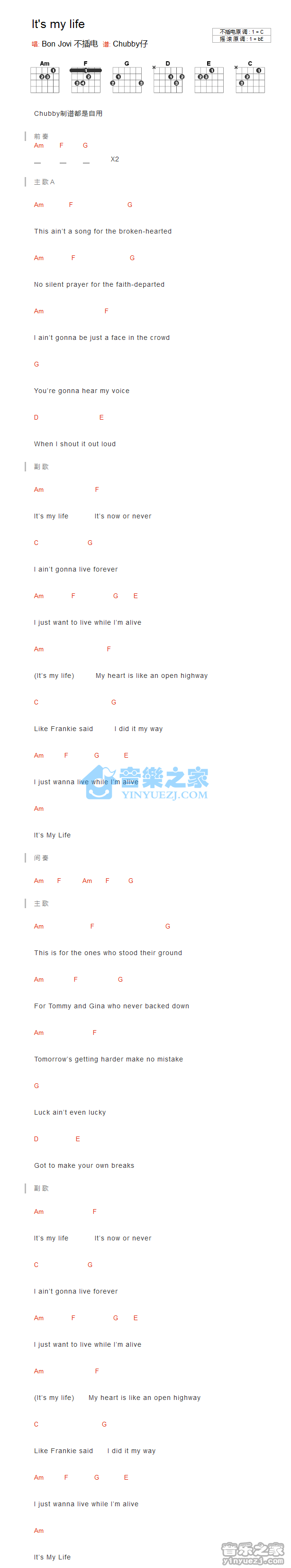 its my life吉他谱 C调和弦谱_音乐之家编配_bon jovi1